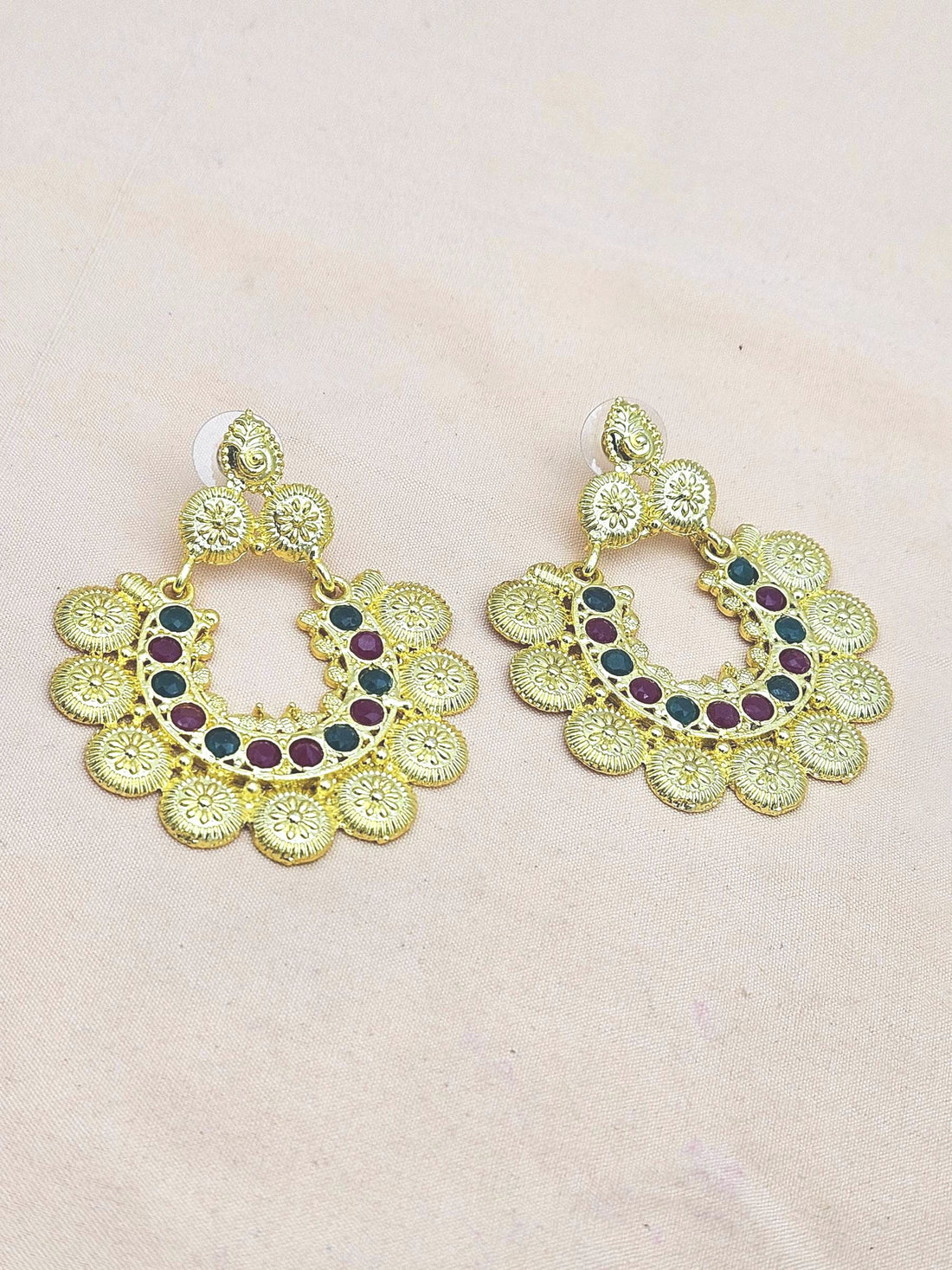 Beautiful Gold plated Red & Green Glass Stone Designer Dangle Drop Earrings