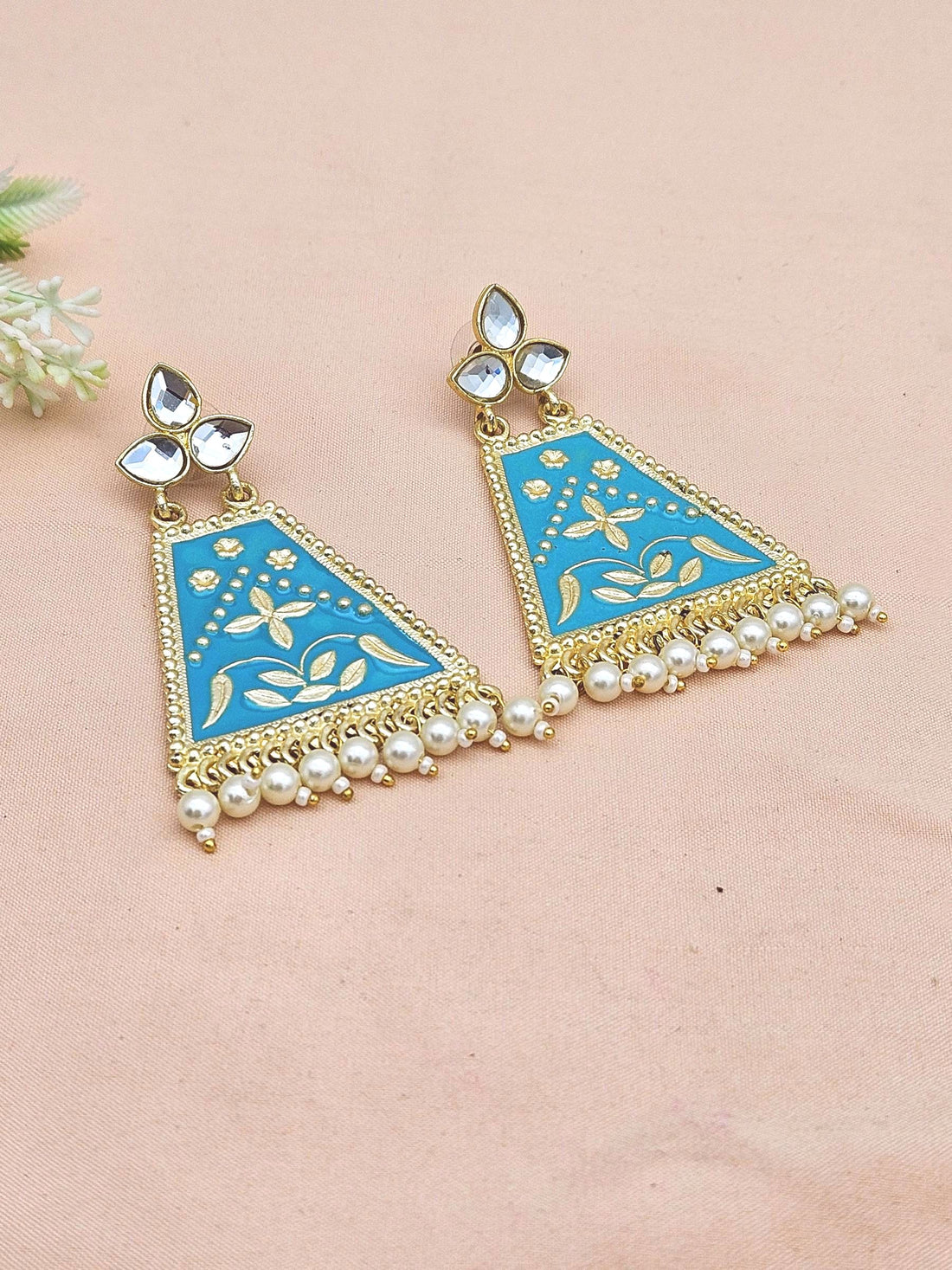 Attractive Gold plated Sky Blue Meena -Pearl-Glass Stone Charming Designer Dangle Drop Earrings