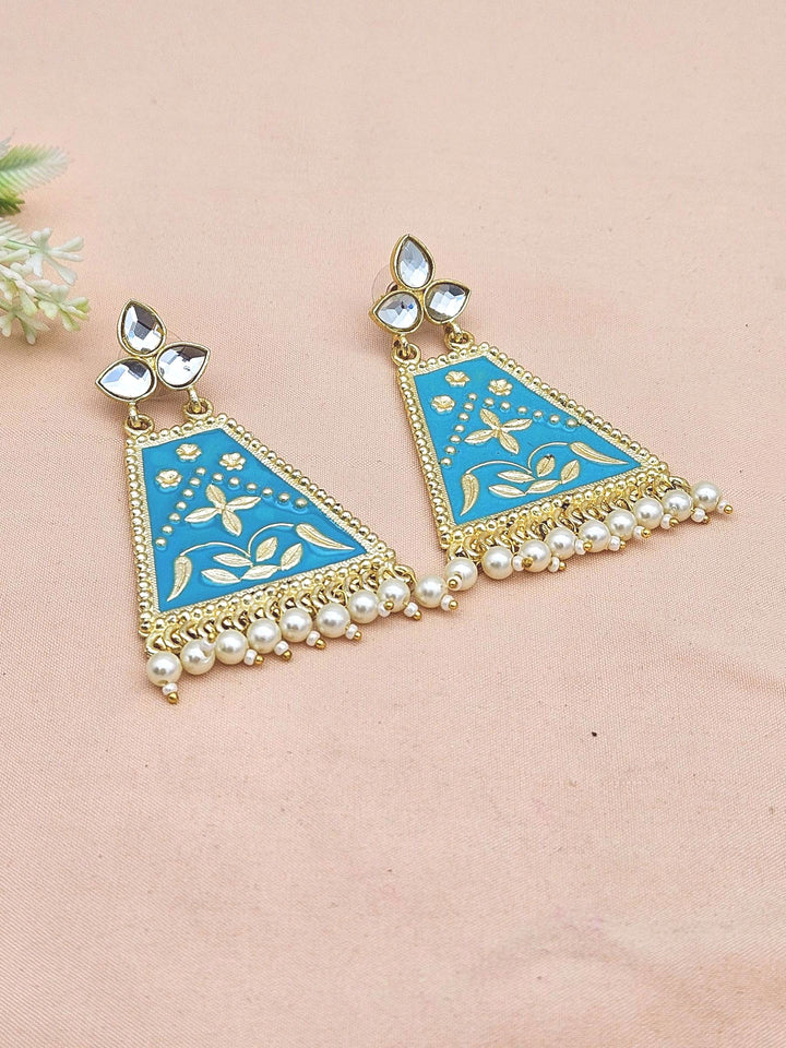Attractive Gold plated Sky Blue Meena -Pearl-Glass Stone Charming Designer Dangle Drop Earrings