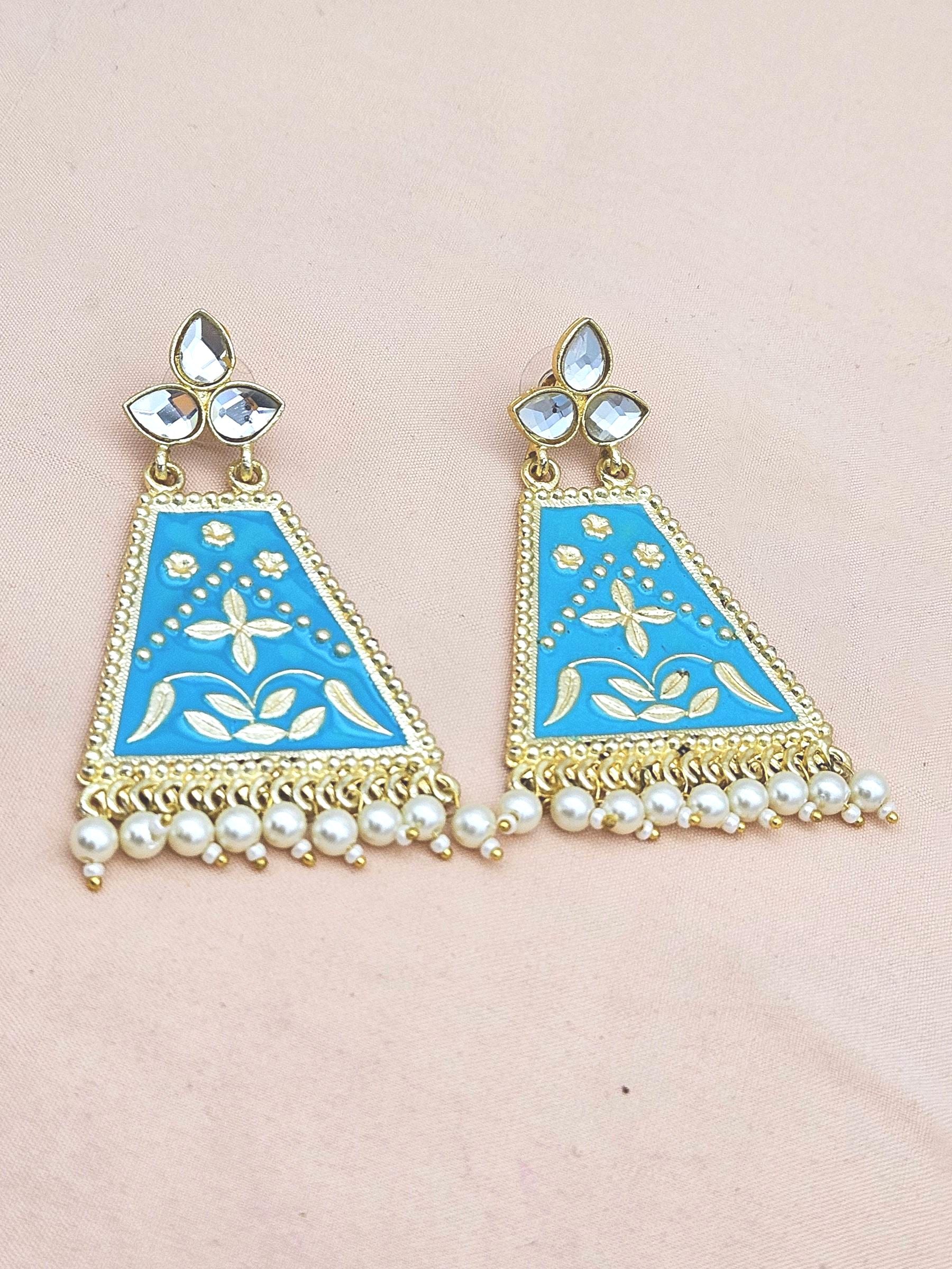 Attractive Gold plated Sky Blue Meena -Pearl-Glass Stone Charming Designer Dangle Drop Earrings