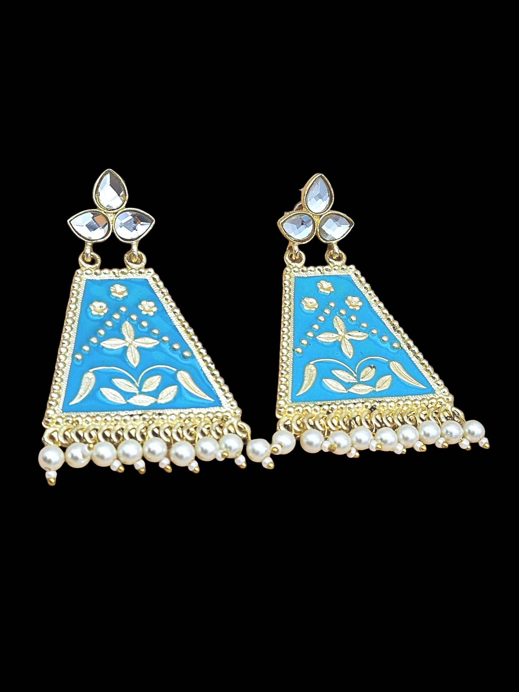 Attractive Gold plated Sky Blue Meena -Pearl-Glass Stone Charming Designer Dangle Drop Earrings