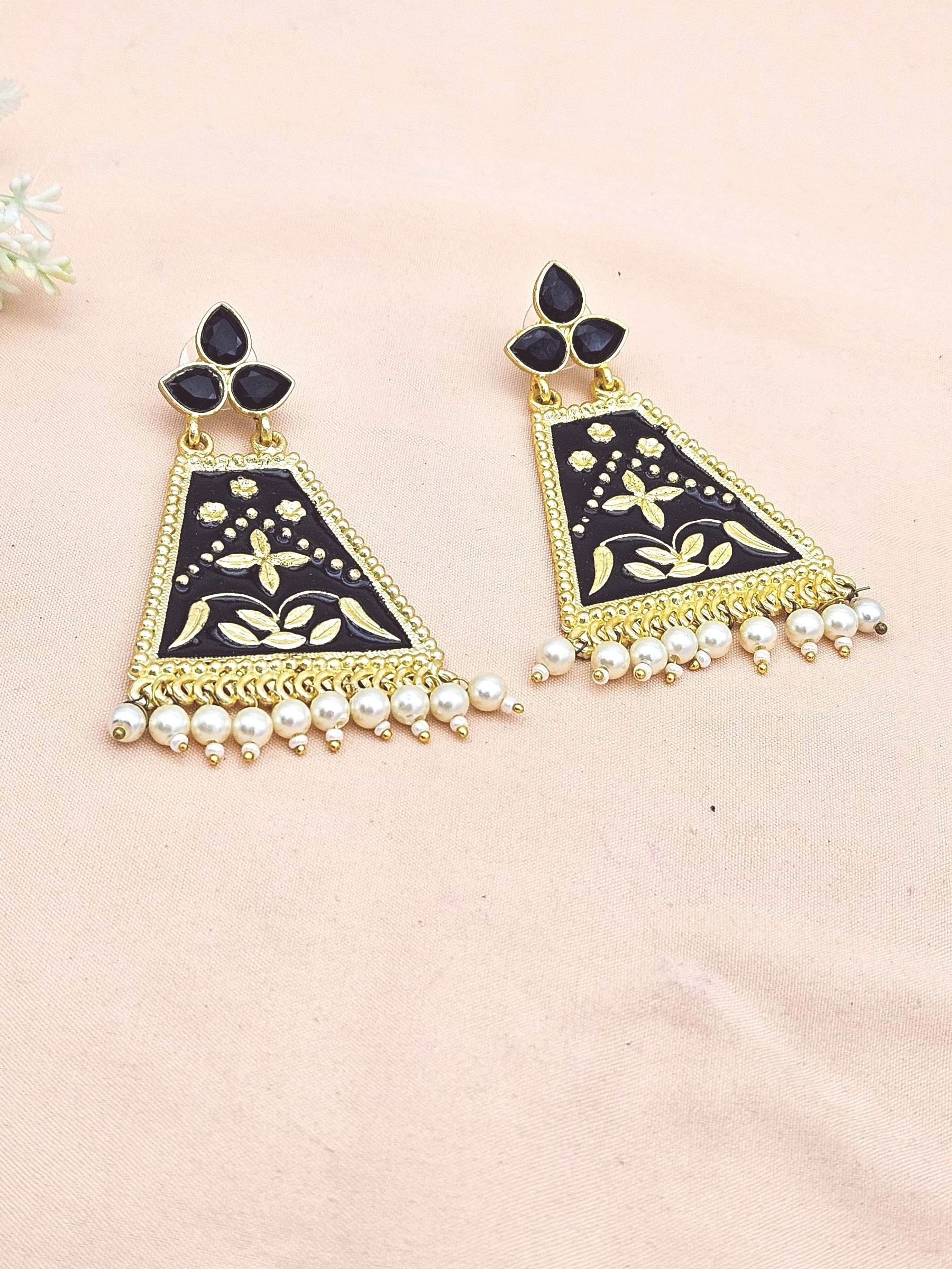 Attractive Gold plated Sky Black Meena -Pearl-Glass Stone Charming Designer Dangle Drop Earrings