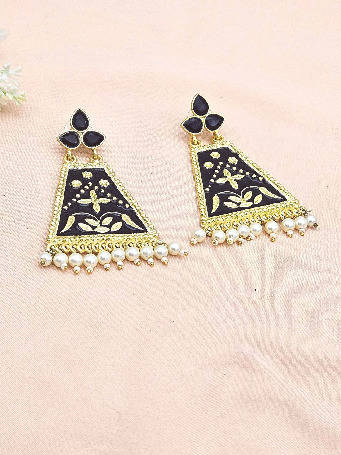 Attractive Gold plated Sky Black Meena -Pearl-Glass Stone Charming Designer Dangle Drop Earrings