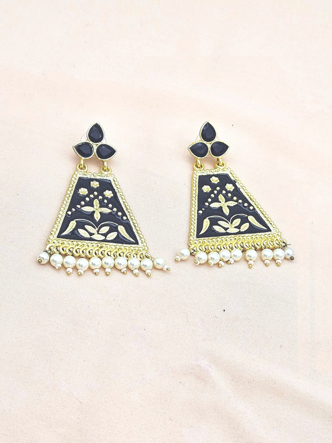 Attractive Gold plated Sky Black Meena -Pearl-Glass Stone Charming Designer Dangle Drop Earrings