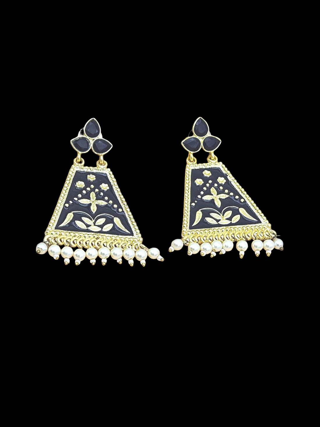 Attractive Gold plated Sky Black Meena -Pearl-Glass Stone Charming Designer Dangle Drop Earrings