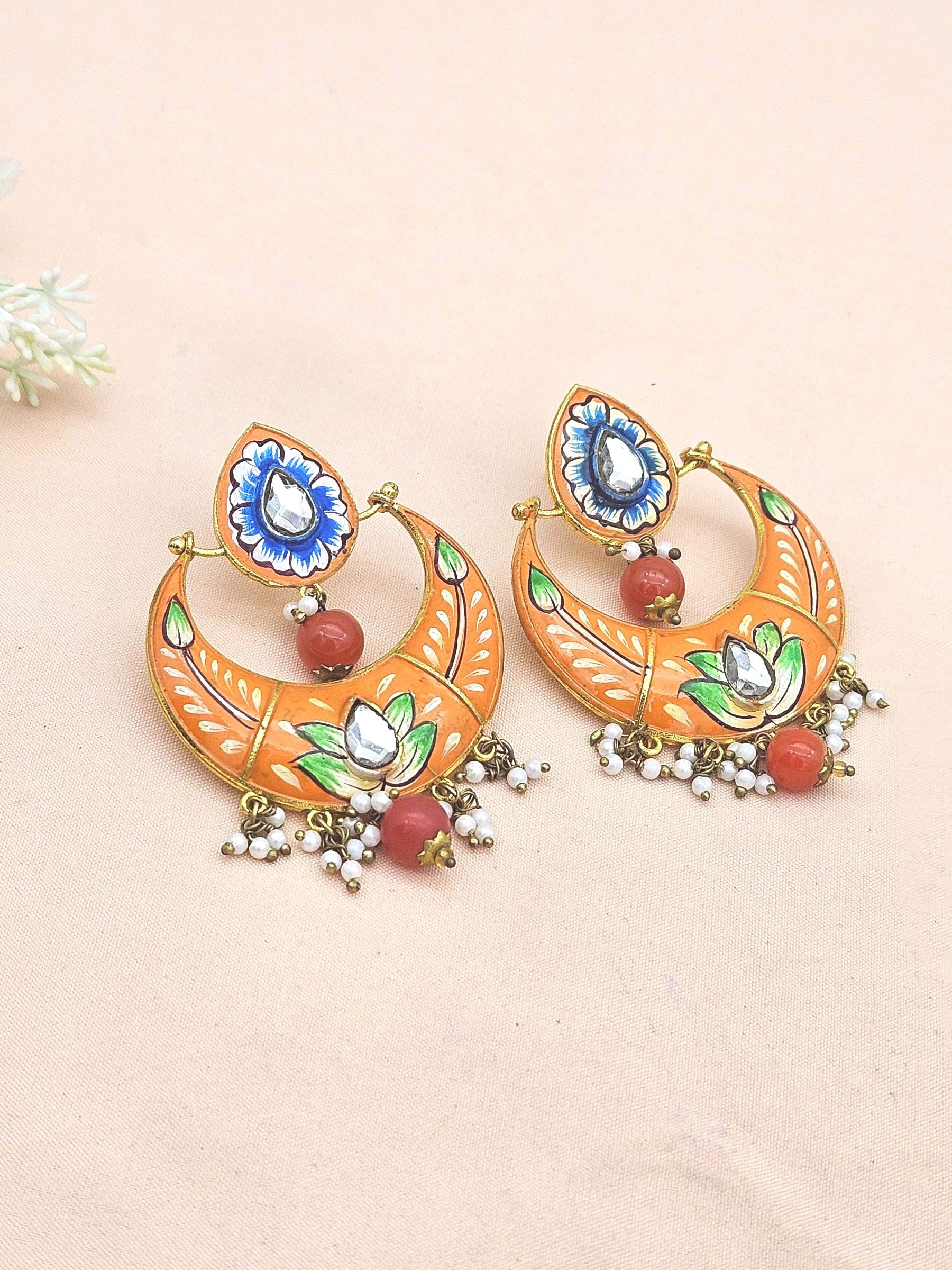 Amazing Gold plated  Meena Floral Designer -Carnelian Ball -Glass Stone-Pearl Dangle Drop Earrings