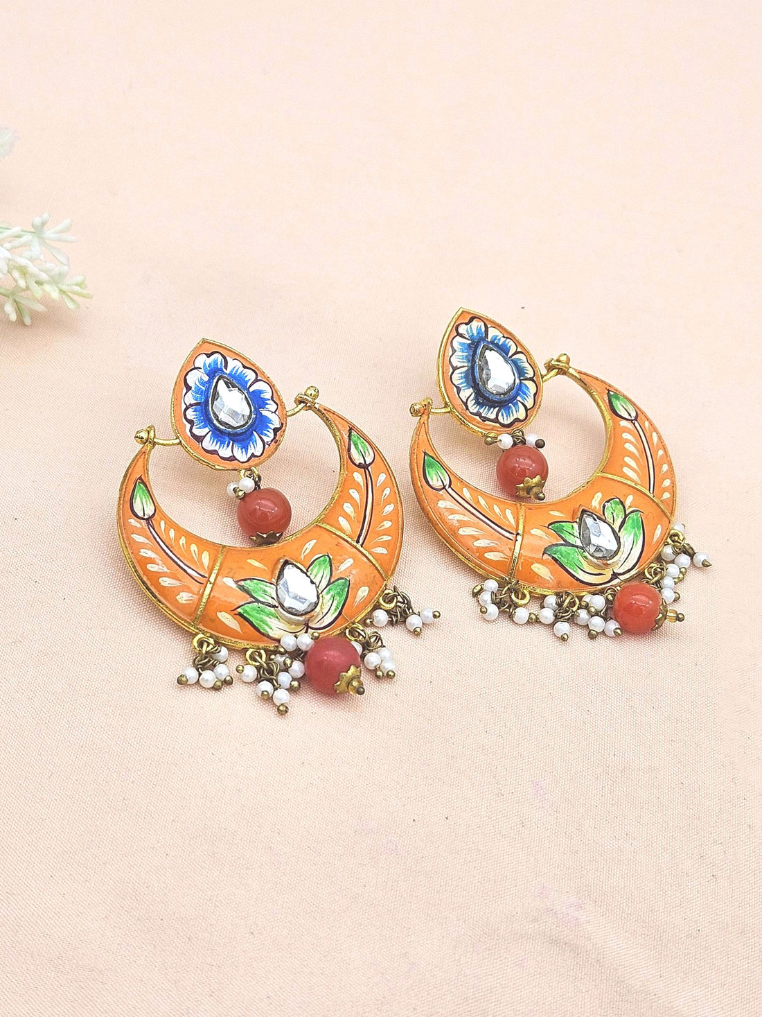 Amazing Gold plated  Meena Floral Designer -Carnelian Ball -Glass Stone-Pearl Dangle Drop Earrings