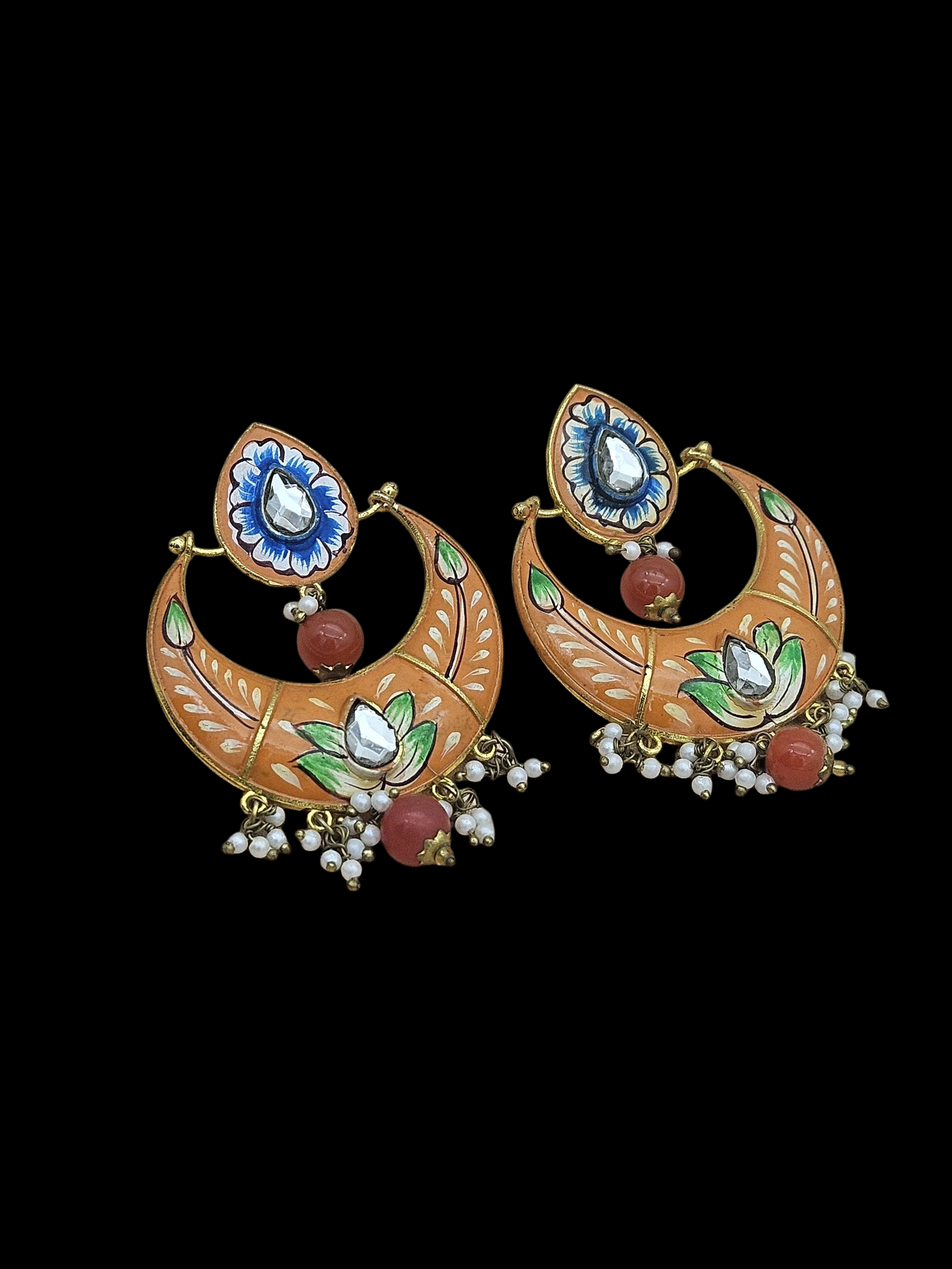 Amazing Gold plated  Meena Floral Designer -Carnelian Ball -Glass Stone-Pearl Dangle Drop Earrings