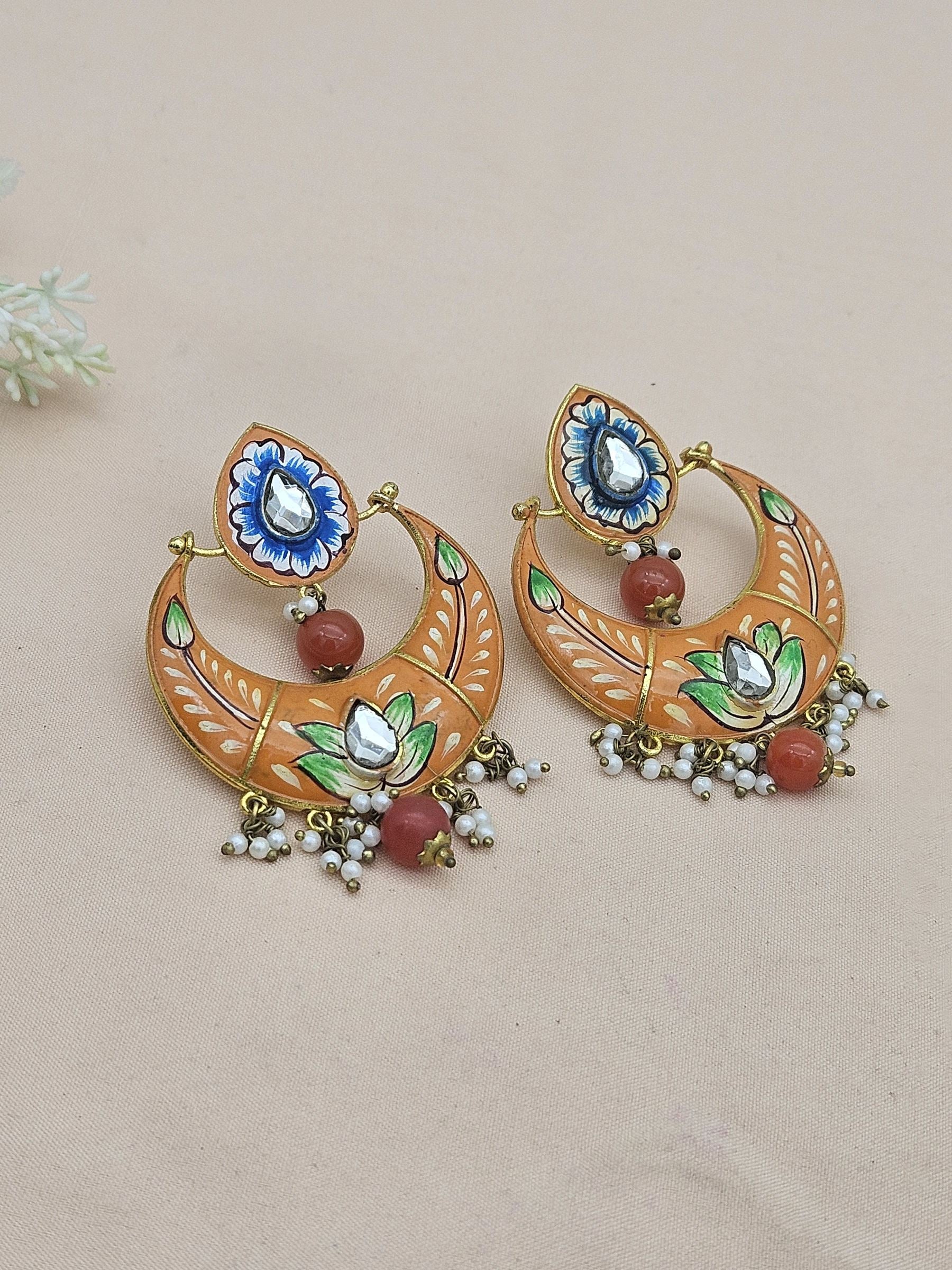 Amazing Gold plated  Meena Floral Designer -Carnelian Ball -Glass Stone-Pearl Dangle Drop Earrings