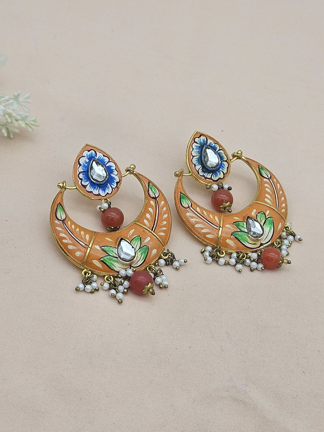 Amazing Gold plated  Meena Floral Designer -Carnelian Ball -Glass Stone-Pearl Dangle Drop Earrings