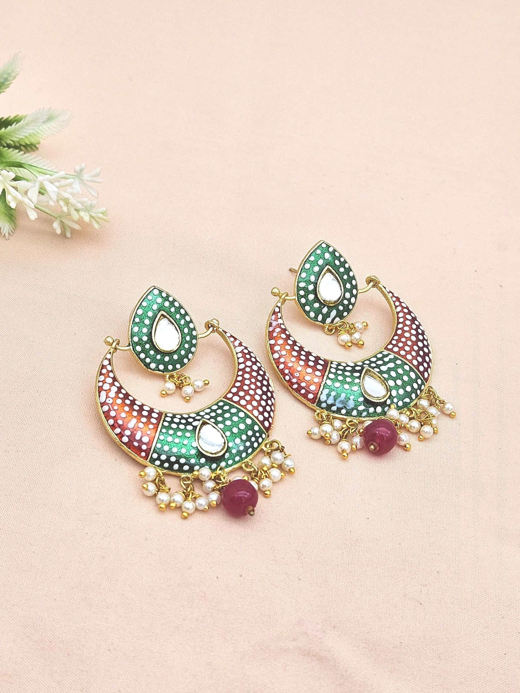 Amazing Gold plated  Meena Designer -Red Onyx Ball-Glass Stone-Pearl Dangle Drop Earrings