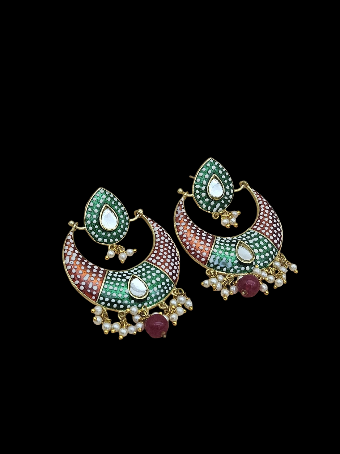 Amazing Gold plated  Meena Designer -Red Onyx Ball-Glass Stone-Pearl Dangle Drop Earrings