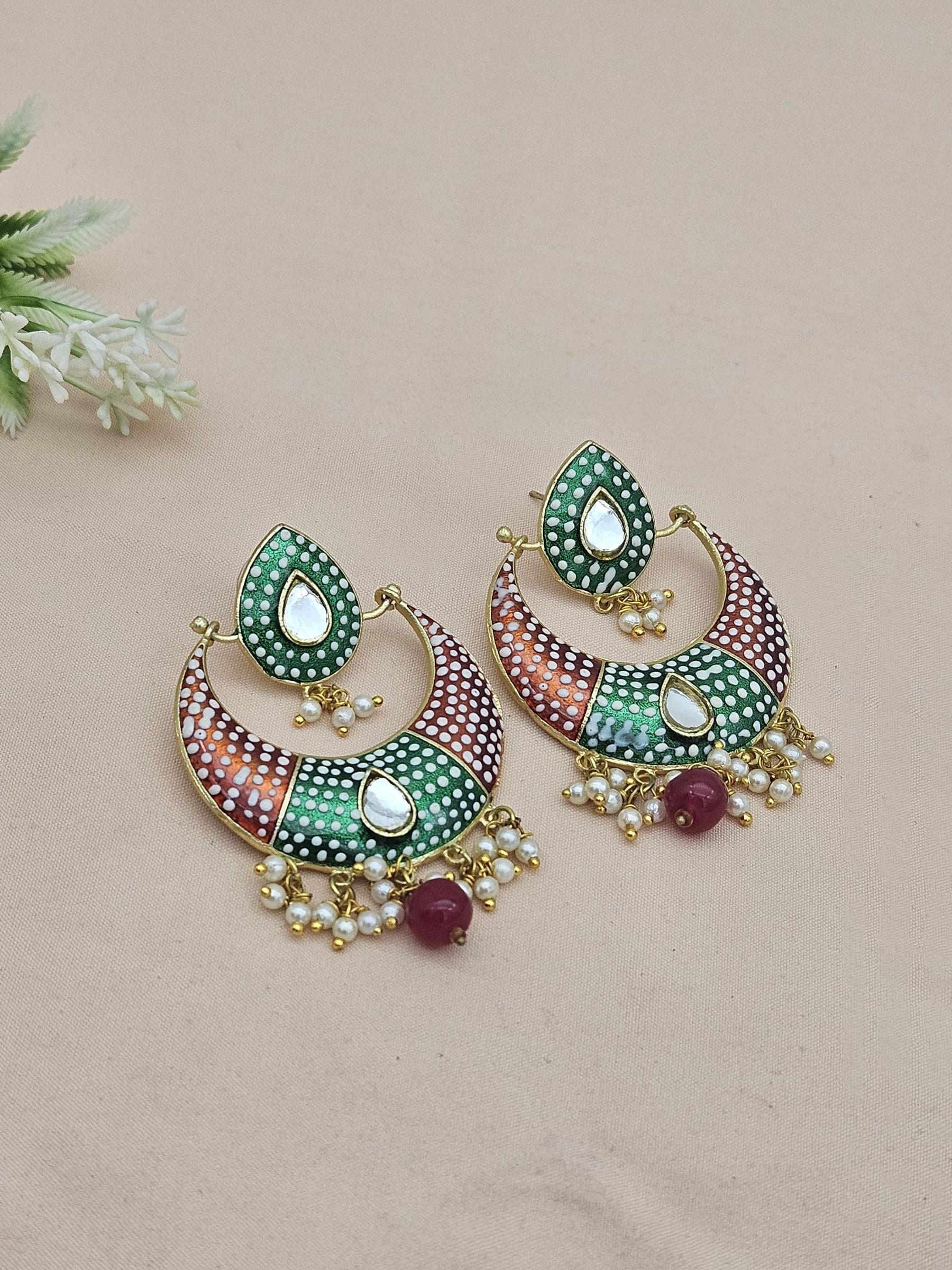 Amazing Gold plated  Meena Designer -Red Onyx Ball-Glass Stone-Pearl Dangle Drop Earrings