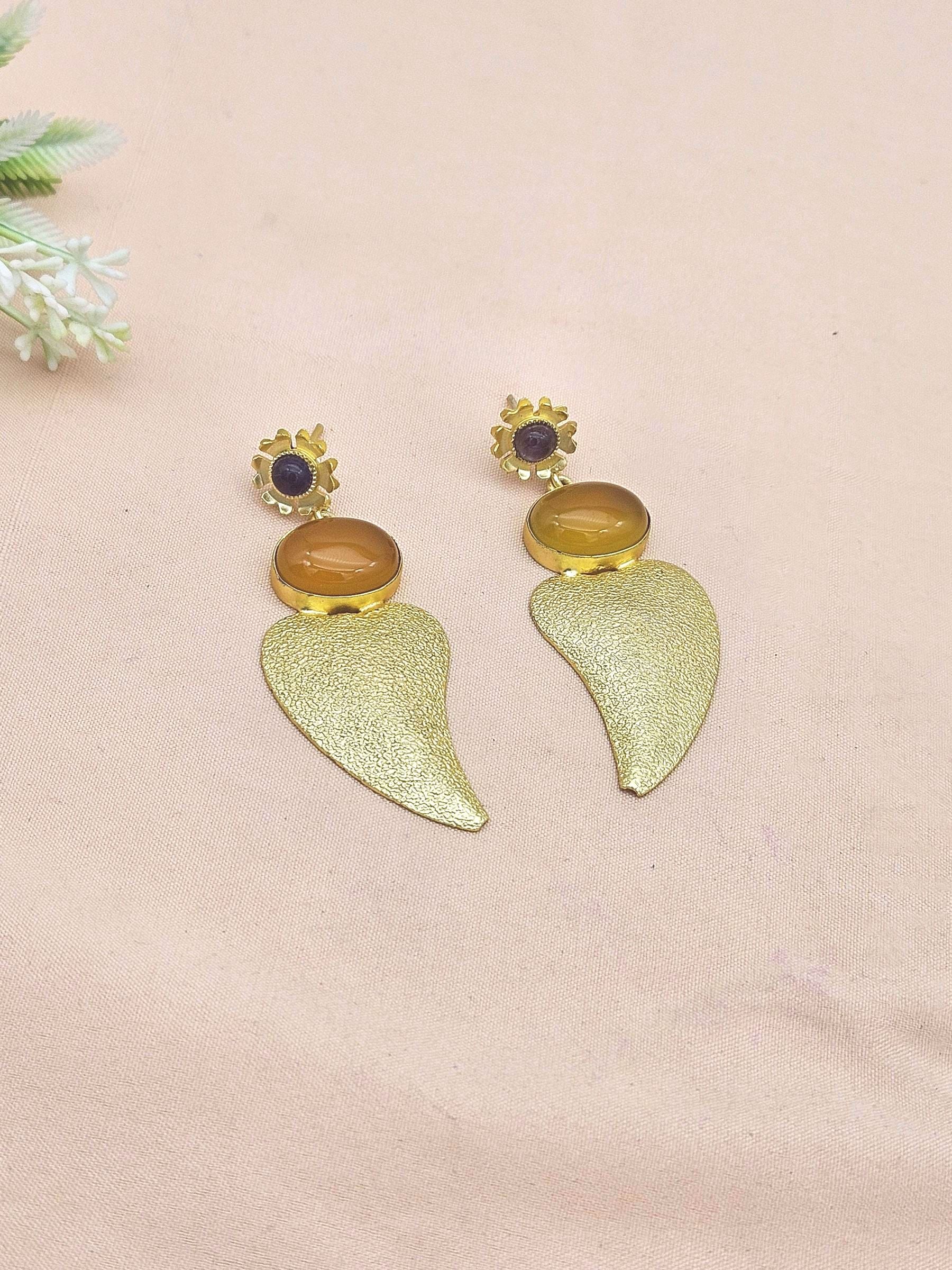 Attractive Gold plated Yellow Chalcedony-Amethyst Stone charming Designer Dangle Drop Earrings