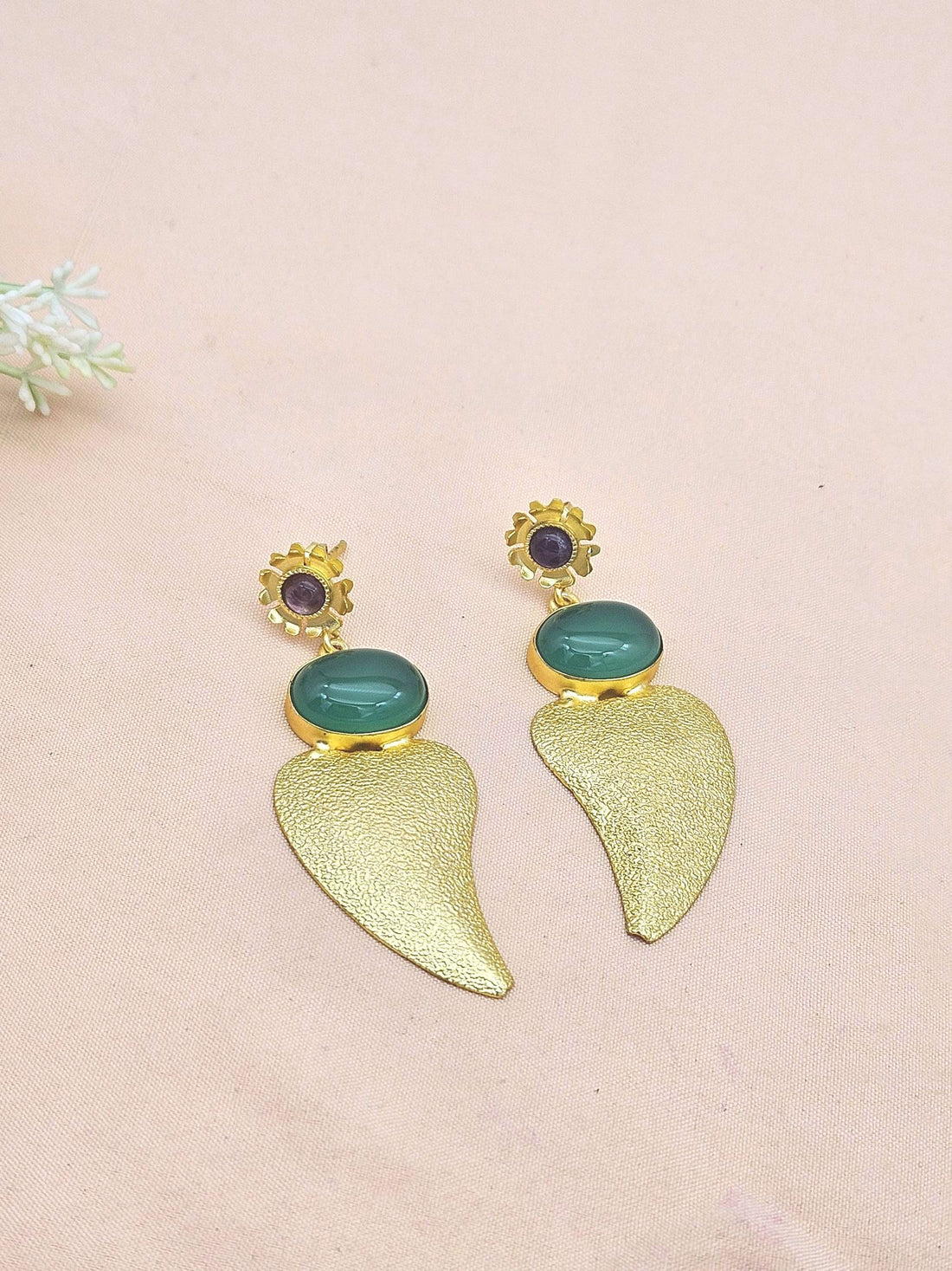 Attractive Gold plated Green Onyx-Purple Glass Stone Charming Designer Dangle Drop Earrings