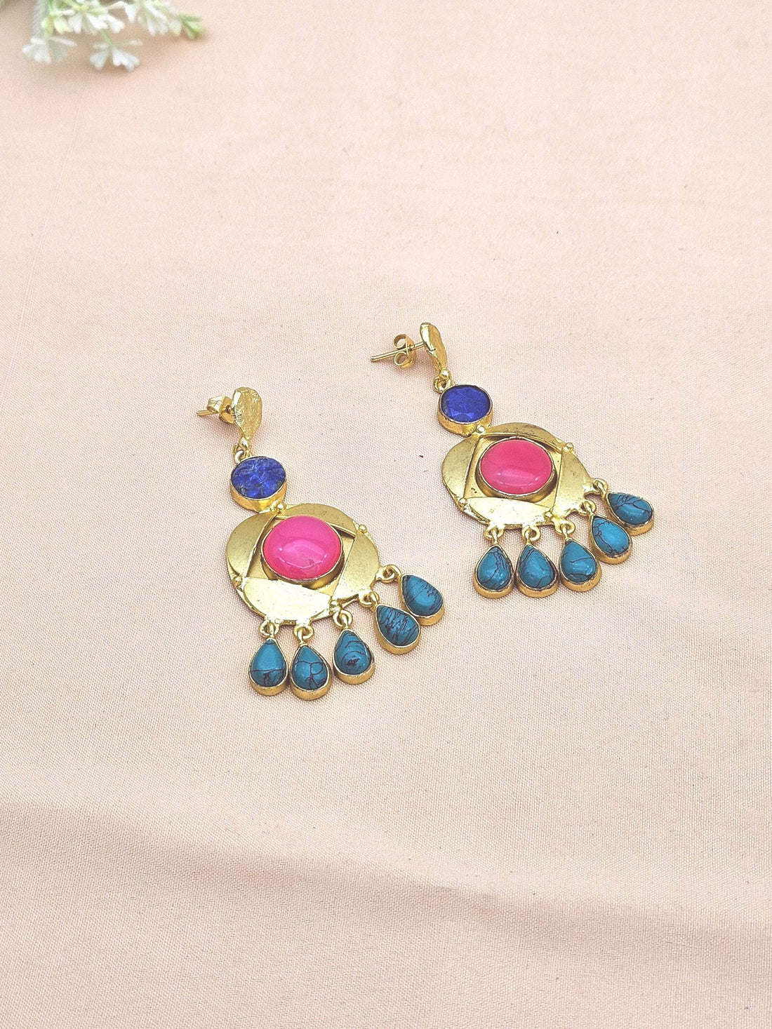 Stunning Handcrafted  Golden Blue Beryl-Magenta Onyx-Turquoise Gem Stone Dangle Drop Earrings