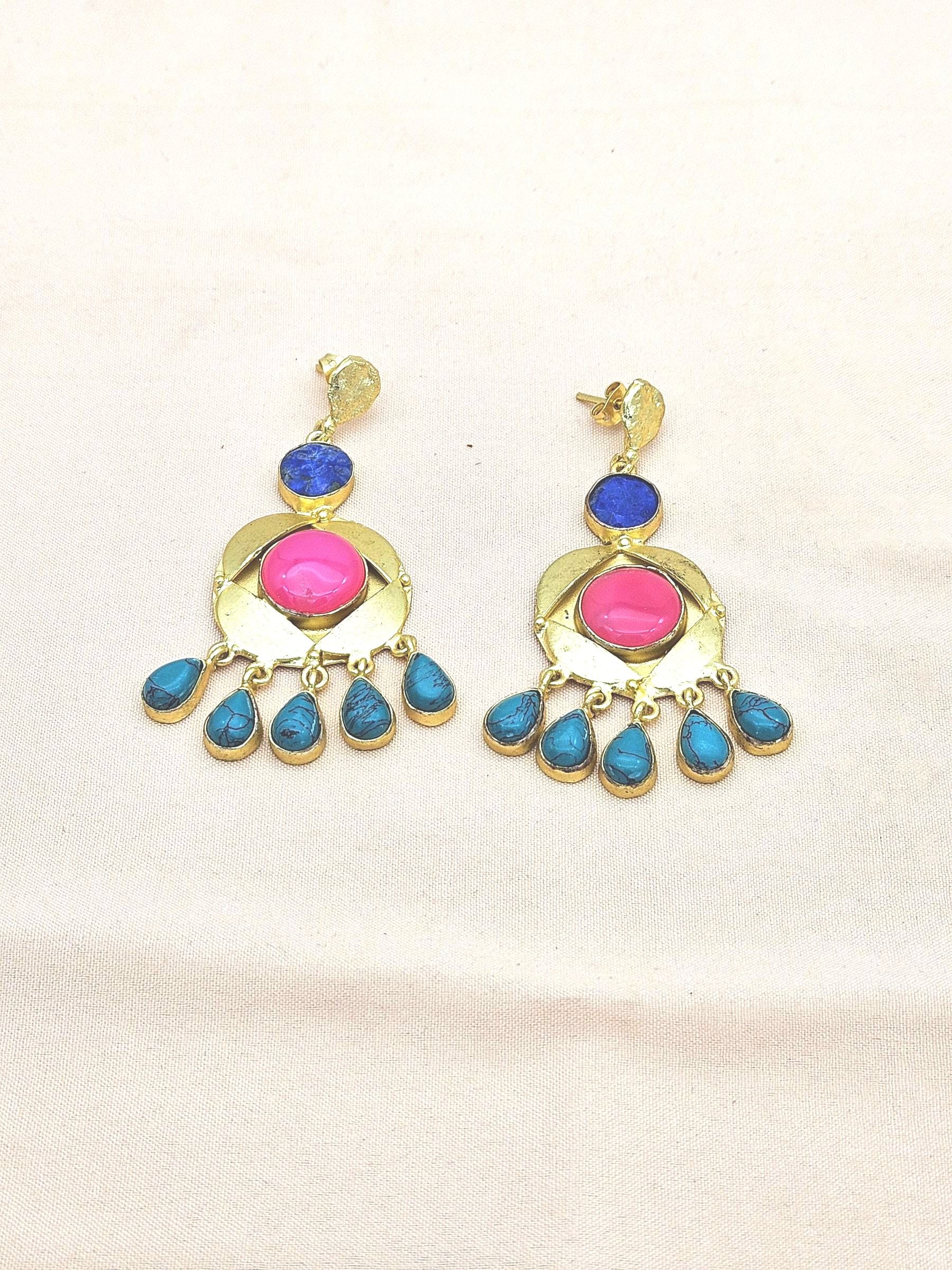 Stunning Handcrafted  Golden Blue Beryl-Magenta Onyx-Turquoise Gem Stone Dangle Drop Earrings