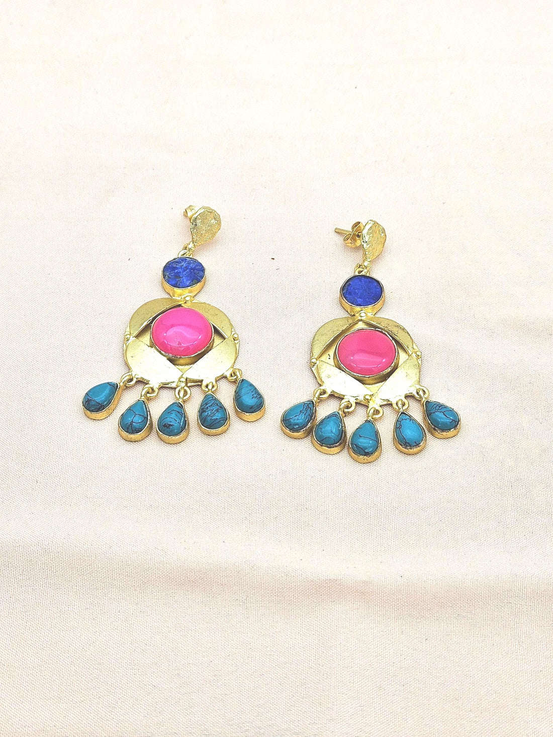 Stunning Handcrafted  Golden Blue Beryl-Magenta Onyx-Turquoise Gem Stone Dangle Drop Earrings