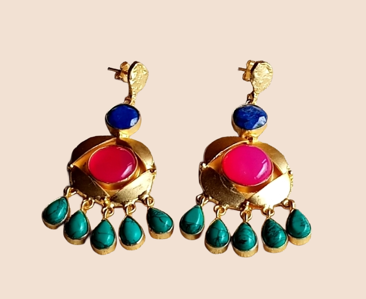 Stunning Handcrafted  Golden Blue Beryl-Magenta Onyx-Turquoise Gem Stone Dangle Drop Earrings