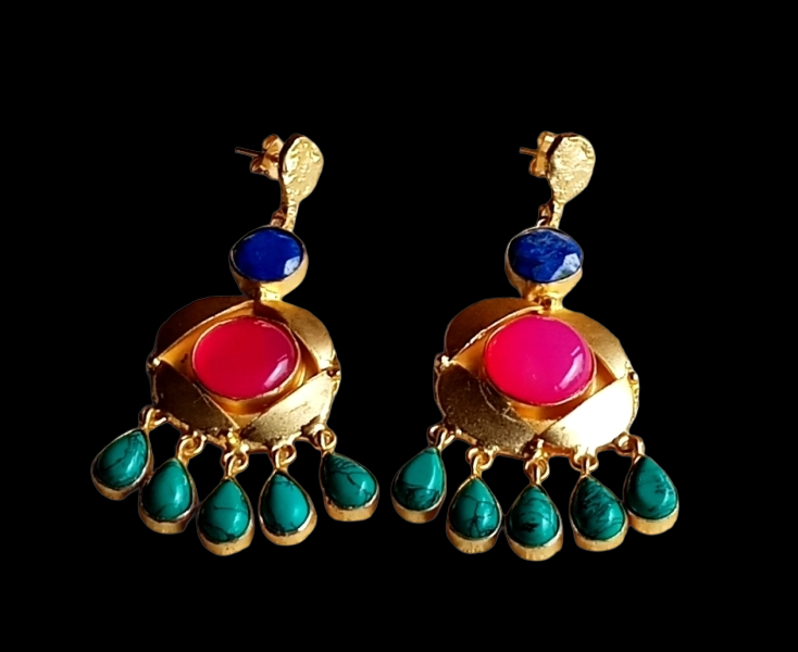 Stunning Handcrafted  Golden Blue Beryl-Magenta Onyx-Turquoise Gem Stone Dangle Drop Earrings