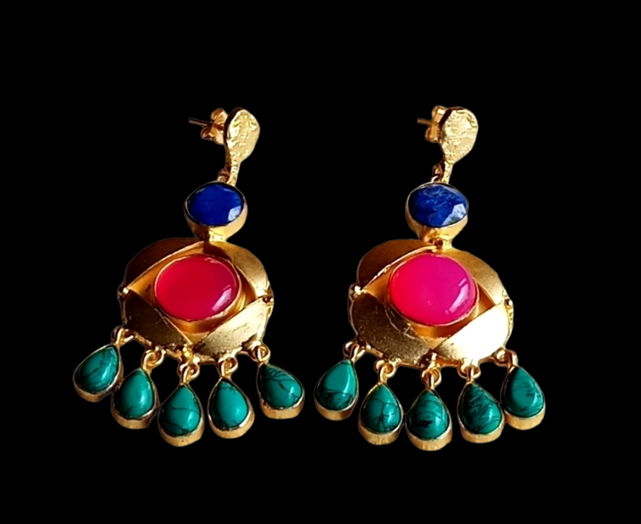 Stunning Handcrafted  Golden Blue Beryl-Magenta Onyx-Turquoise Gem Stone Dangle Drop Earrings
