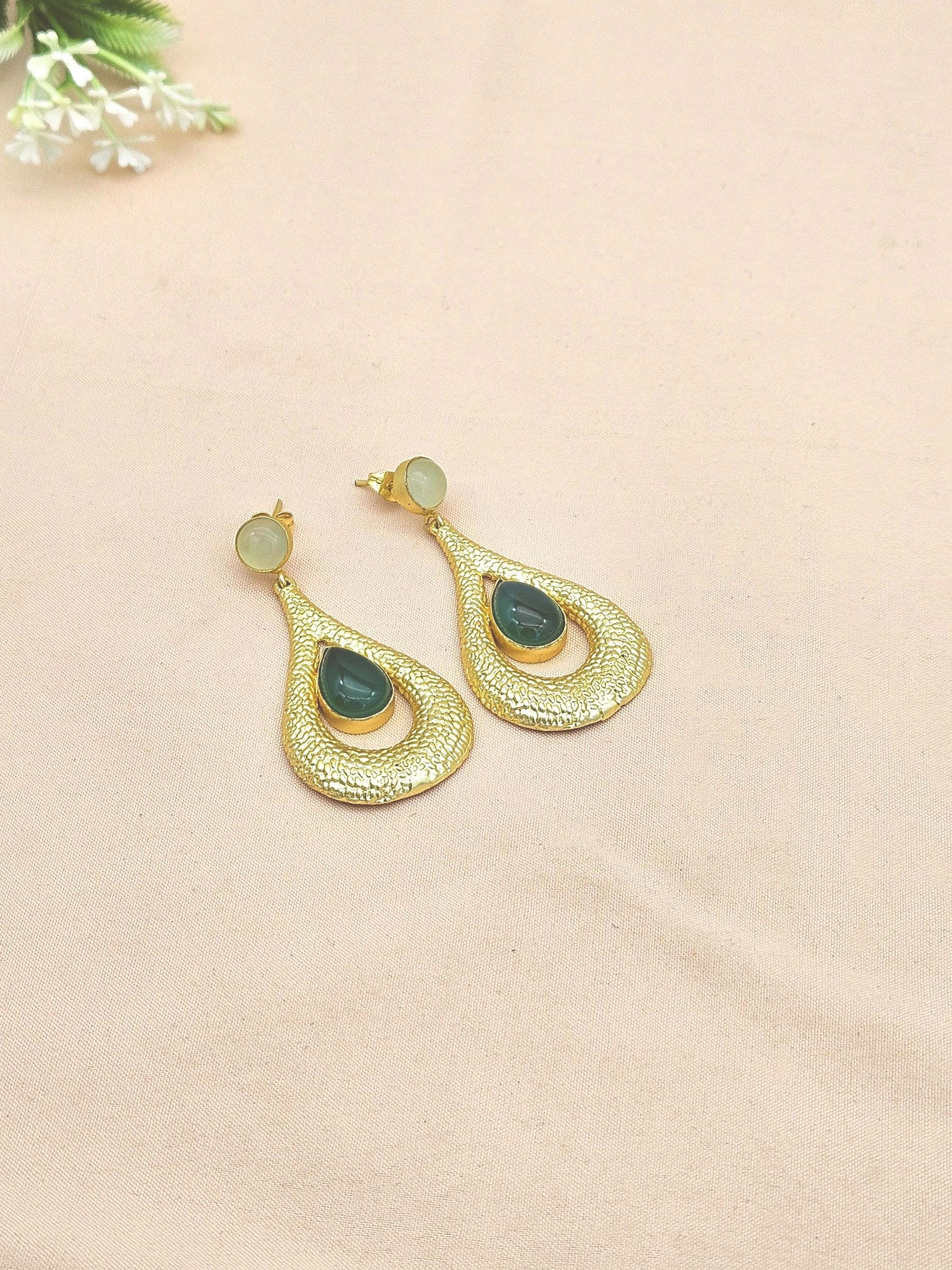 Amazing Gold plated Aquamarine-Green Onyx Stone Cute Designer Dangle Drop Earrings