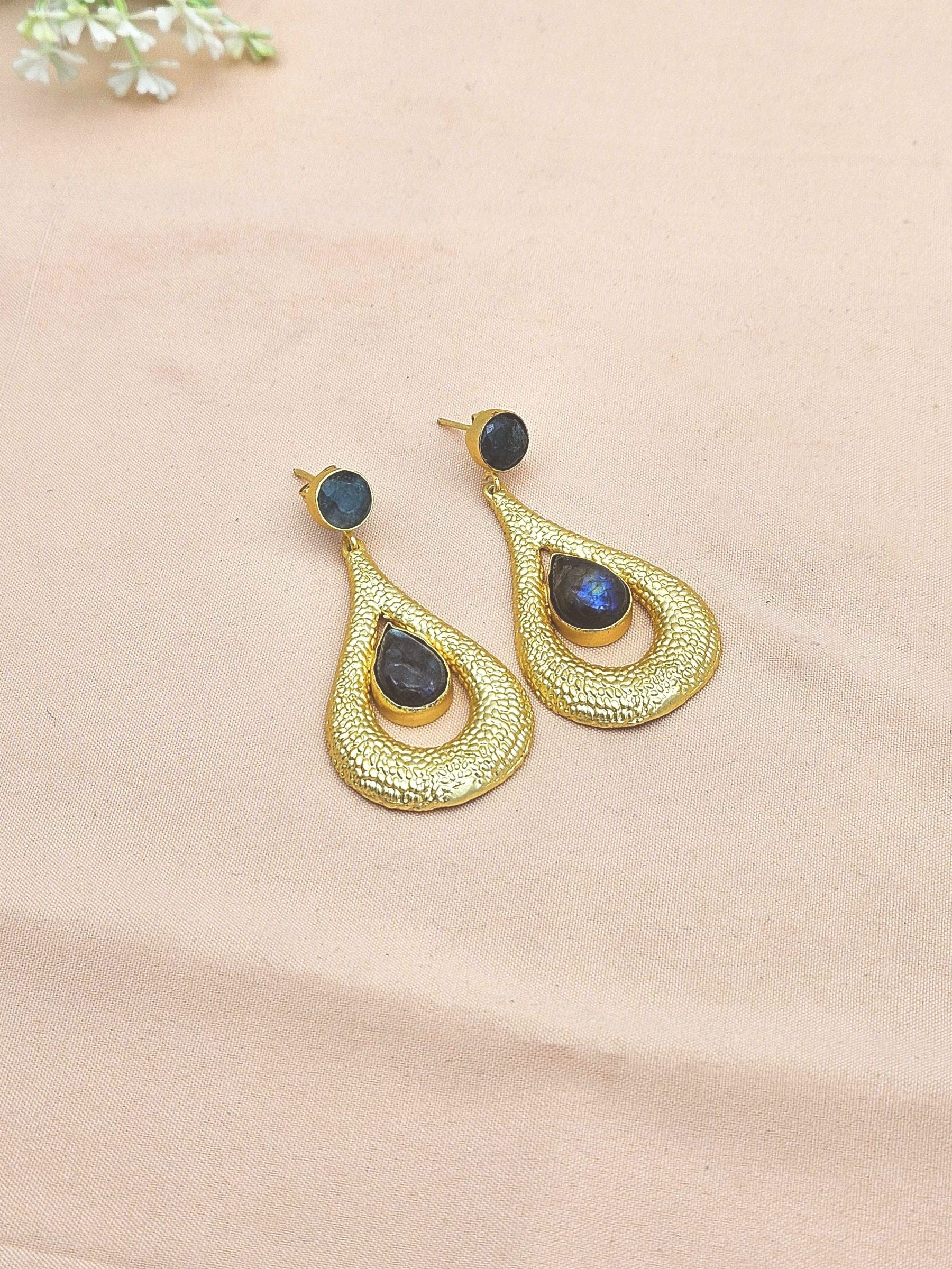 Amazing Gold plated Green Hathipara-Labradorite Stone Cute Designer Dangle Drop Earrings