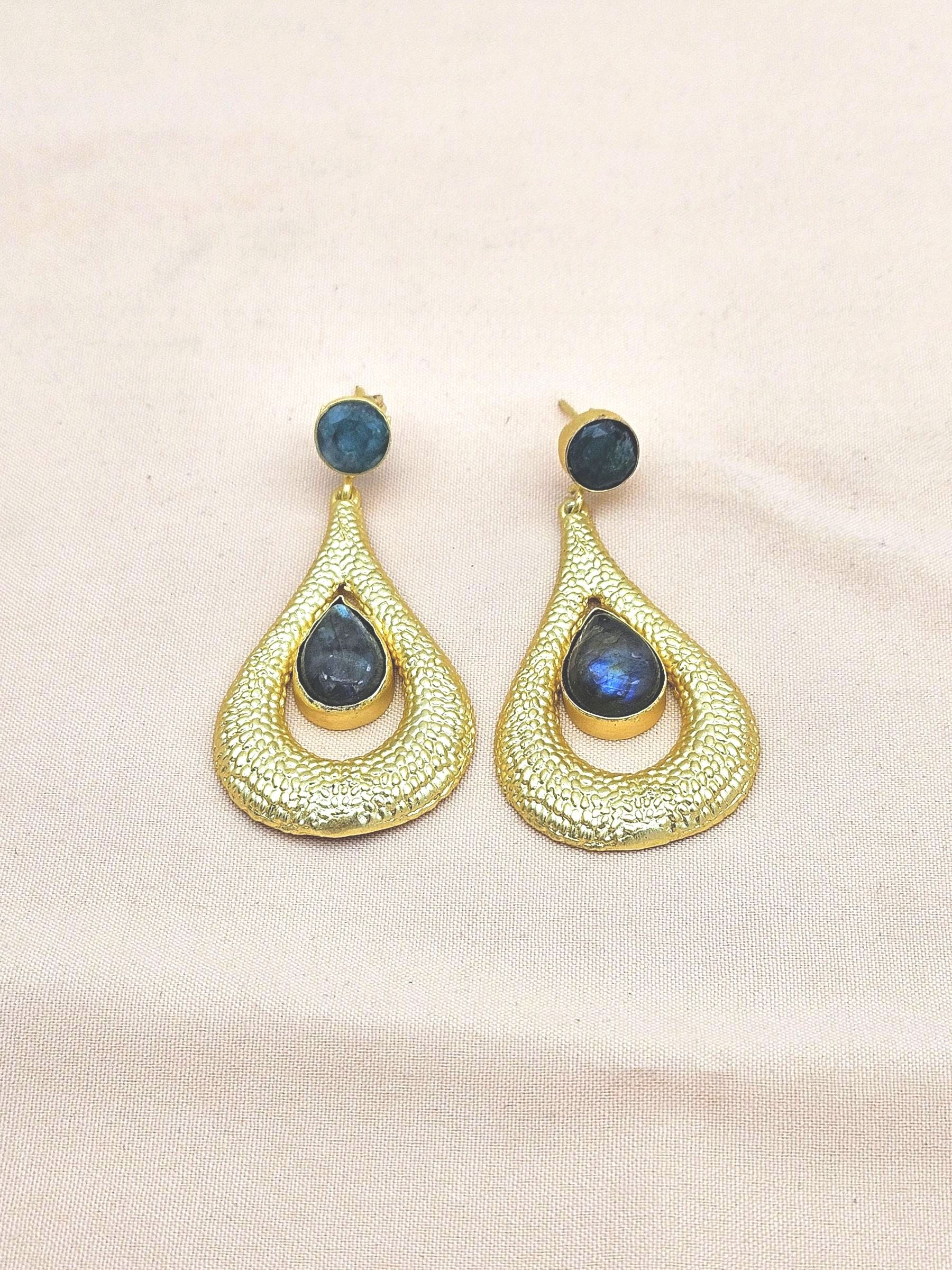 Amazing Gold plated Green Hathipara-Labradorite Stone Cute Designer Dangle Drop Earrings