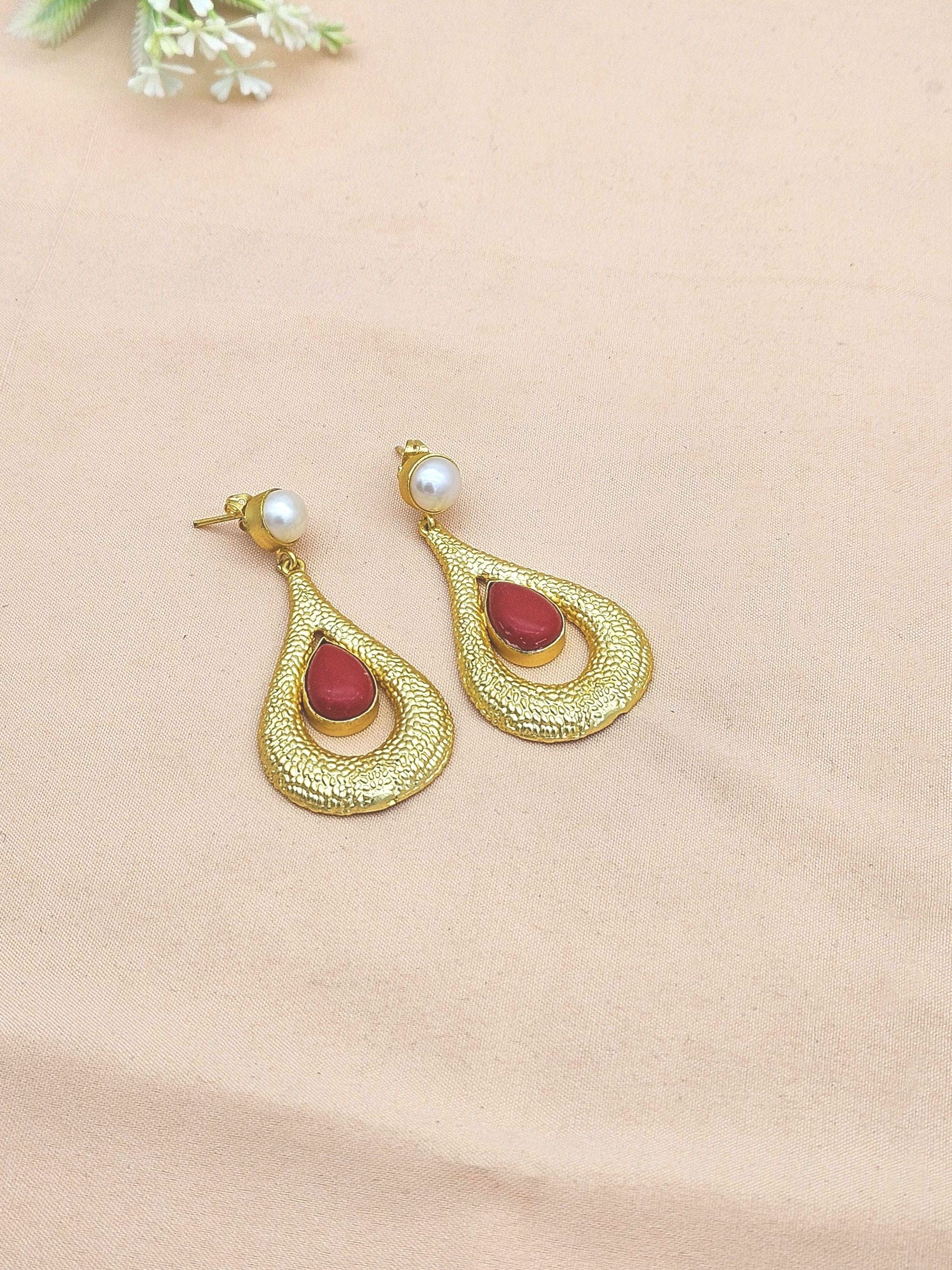 Amazing Gold plated Coral - Pearl Stone Cute Designer Dangle Drop Earrings