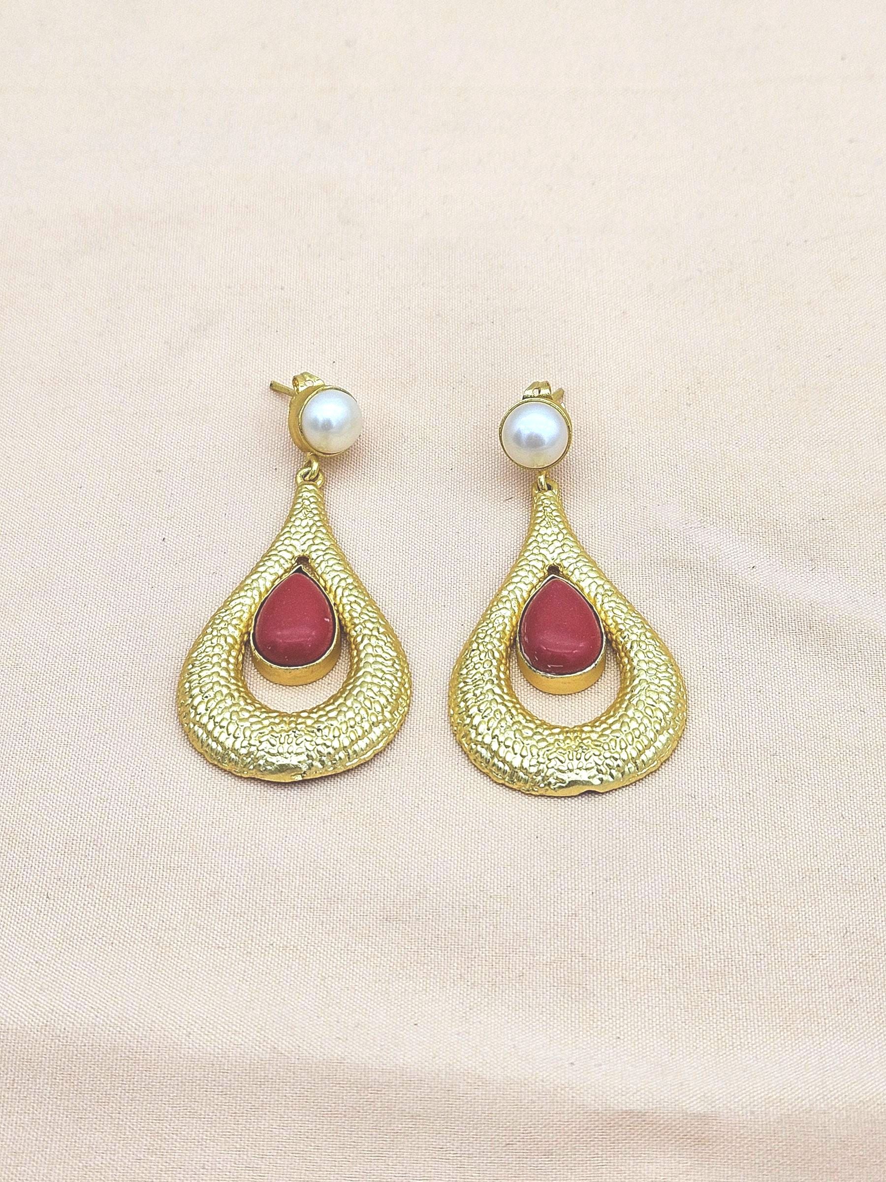 Amazing Gold plated Coral - Pearl Stone Cute Designer Dangle Drop Earrings