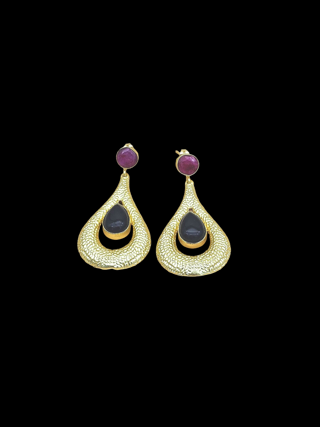 Amazing Gold plated Black Onyx-Red Hathipara Stone Cute Designer Dangle Drop Earrings