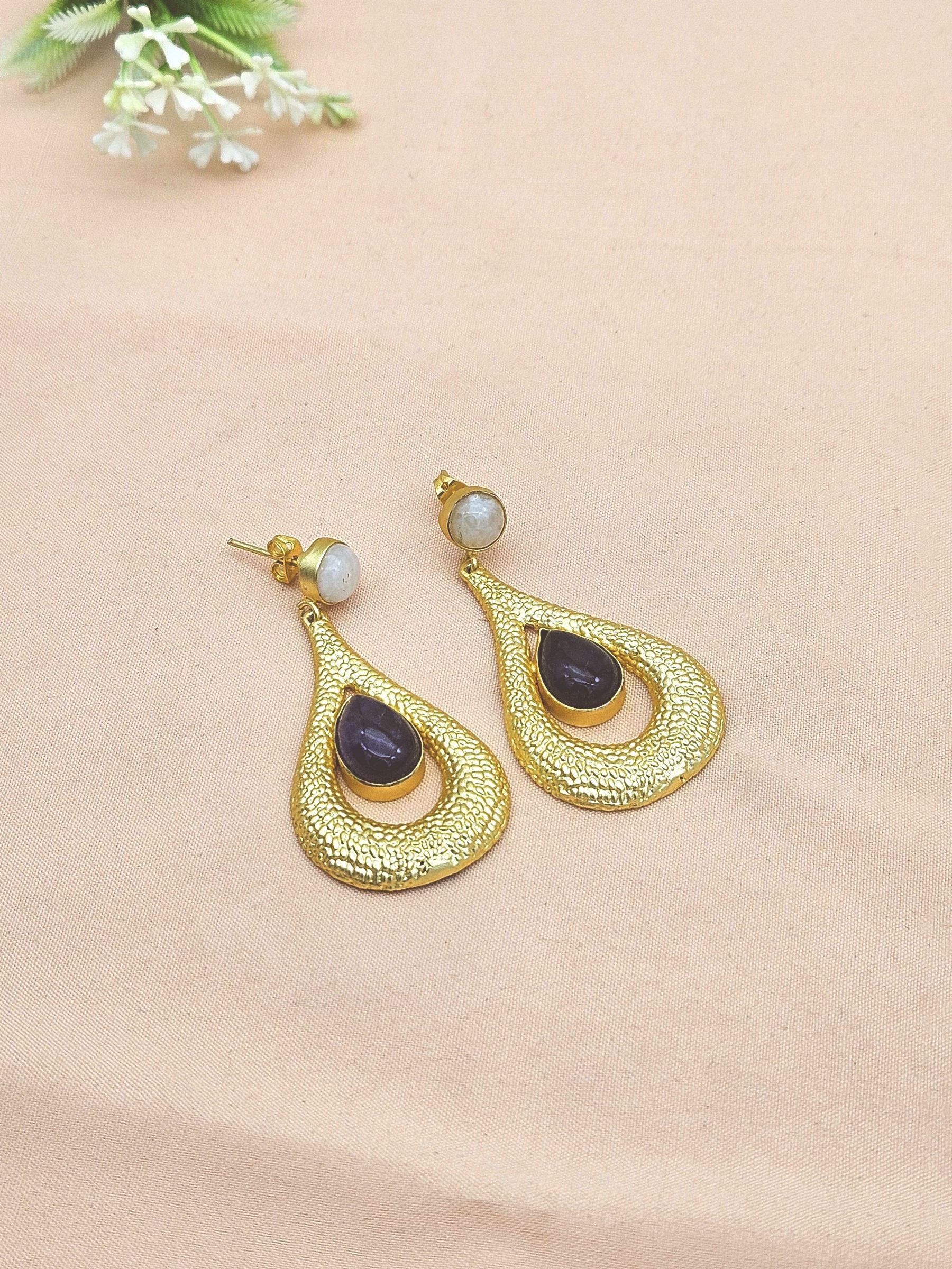 Amazing Gold plated White Rainbow-Amethyst Stone Cute Designer Dangle Drop Earrings