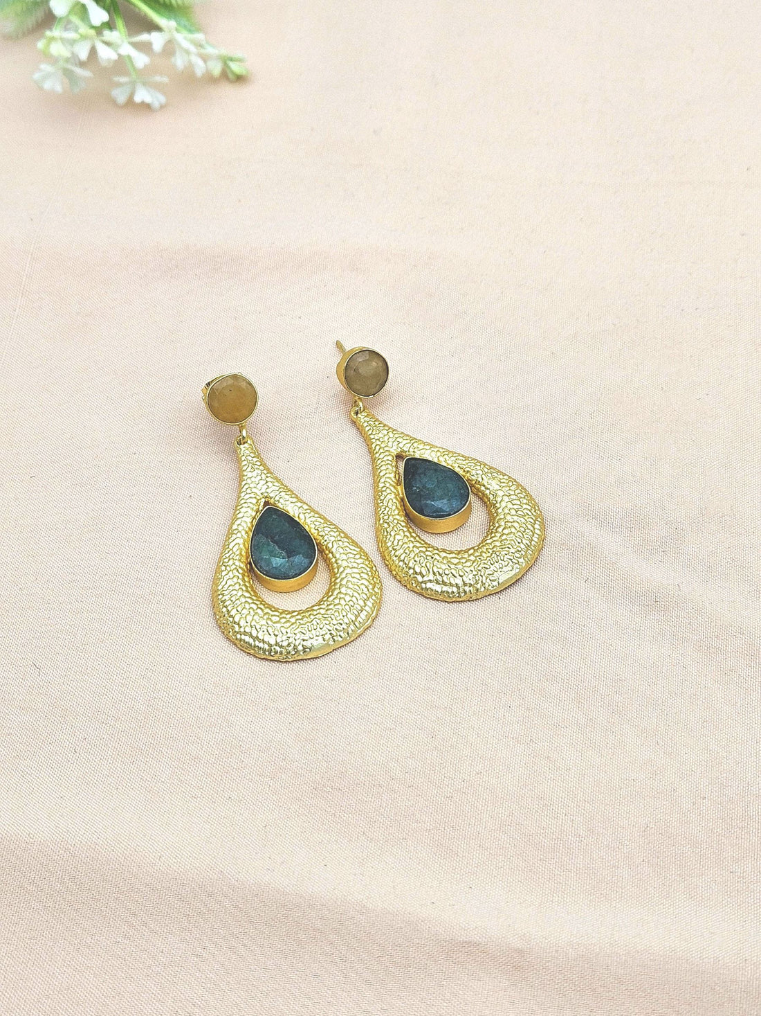 Amazing Gold plated Yellow Chalcedony-Green Hathipara Stone Cute Designer Dangle Drop Earrings