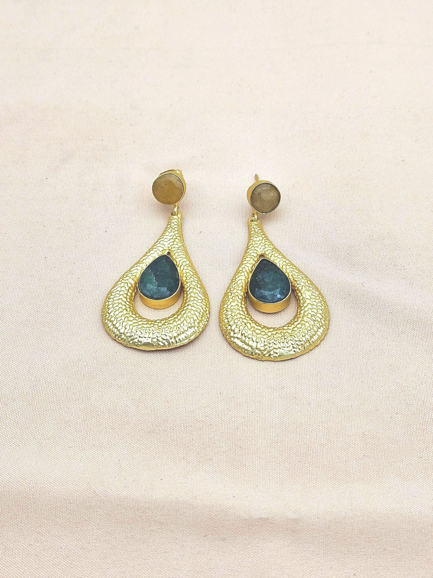 Amazing Gold plated Yellow Chalcedony-Green Hathipara Stone Cute Designer Dangle Drop Earrings