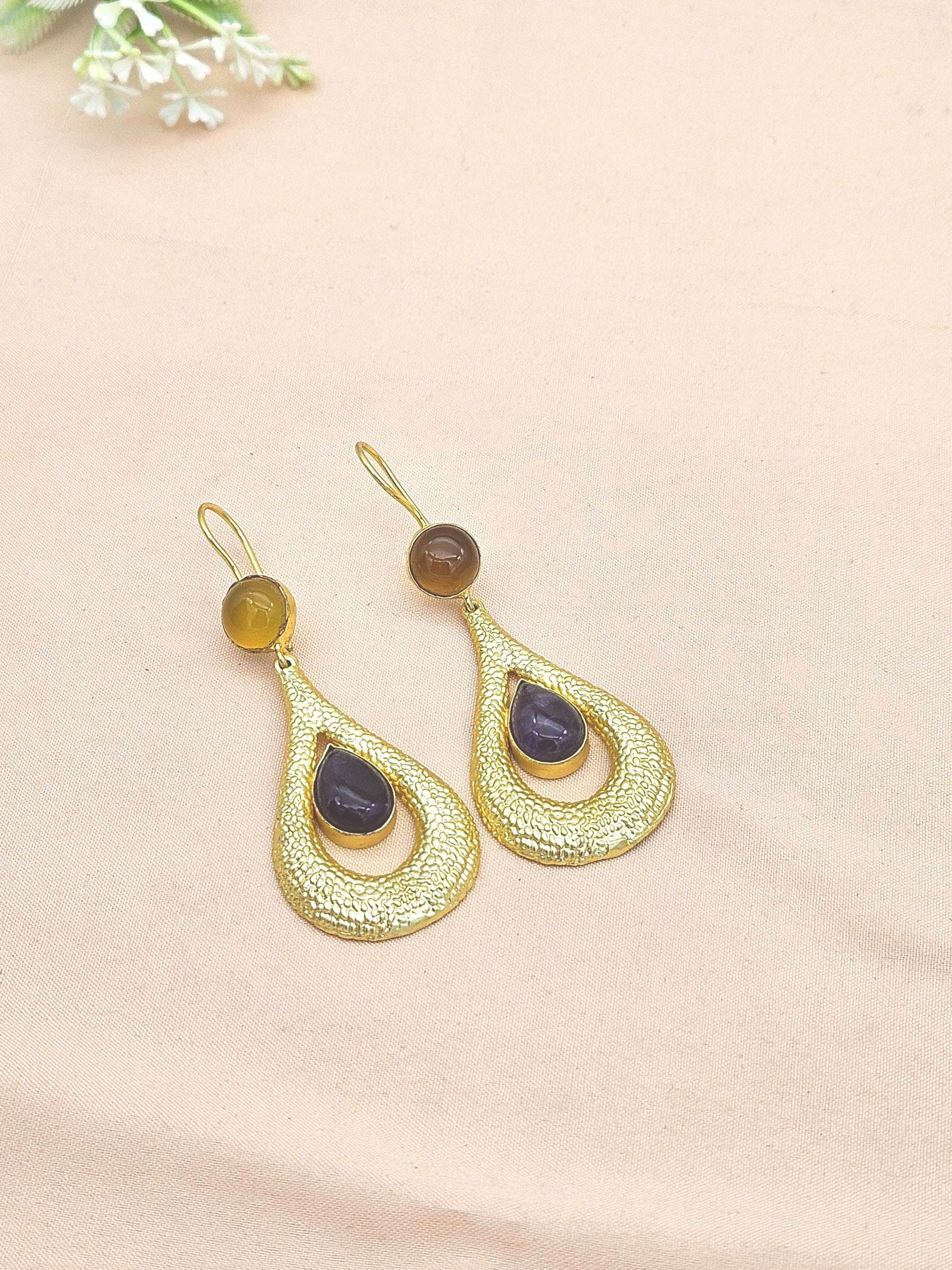 Amazing Gold plated Yellow Chalcedony-Amethyst Stone Cute Designer Dangle Drop Earrings