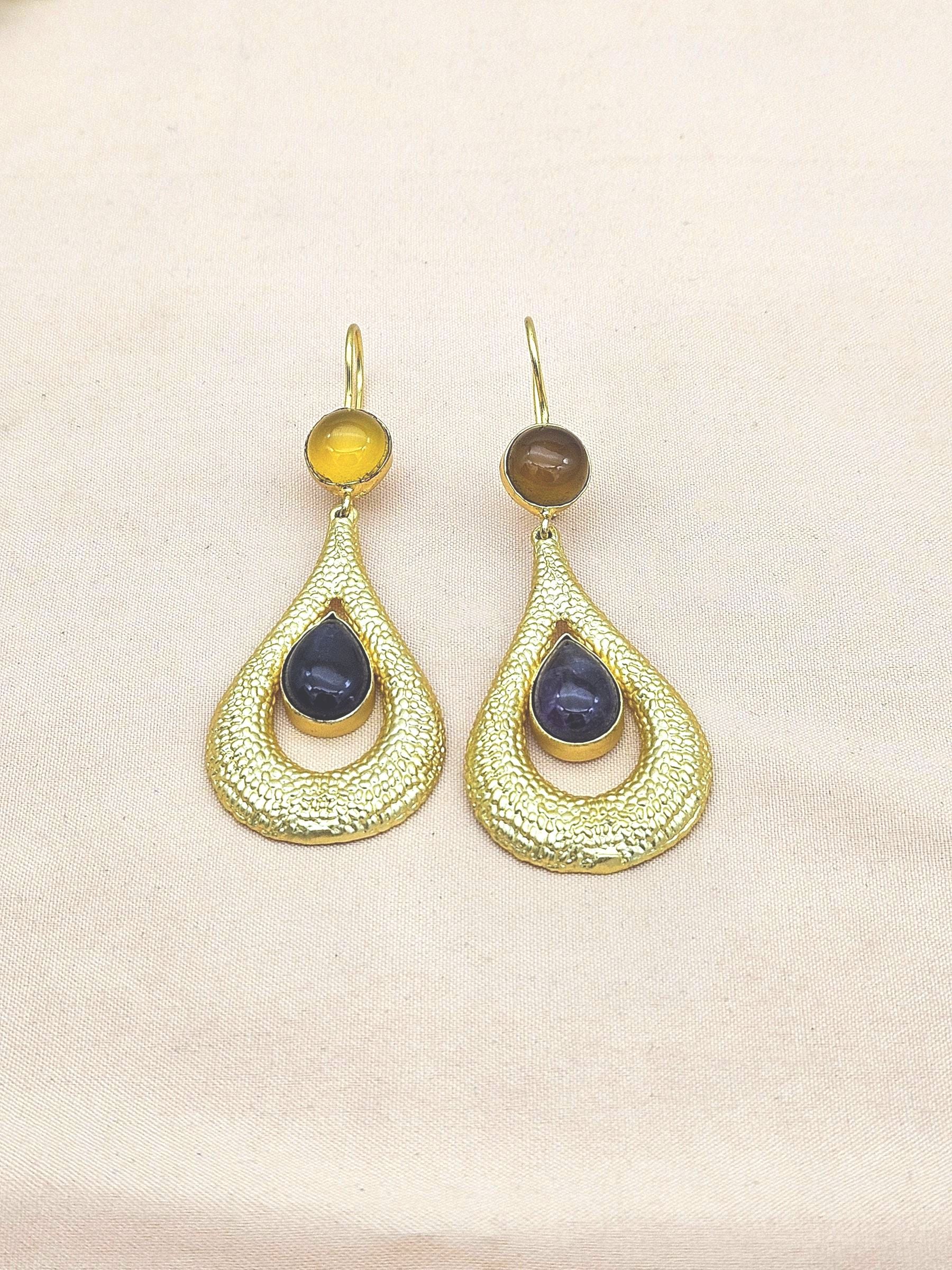 Amazing Gold plated Yellow Chalcedony-Amethyst Stone Cute Designer Dangle Drop Earrings
