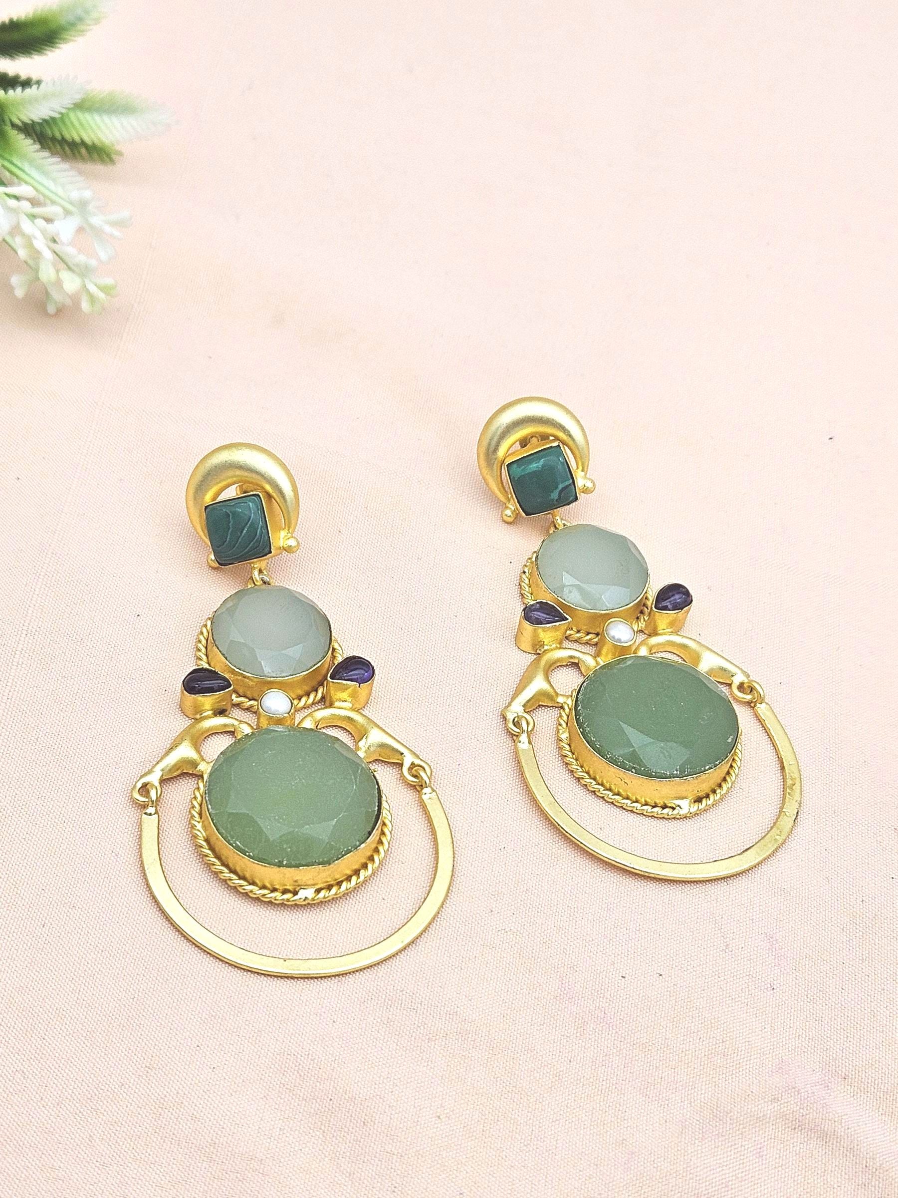 Gorgeous Gold plated Malachite-Aqua-Chalcedony-Amethyst-Pearl Dangle Drop Earrings