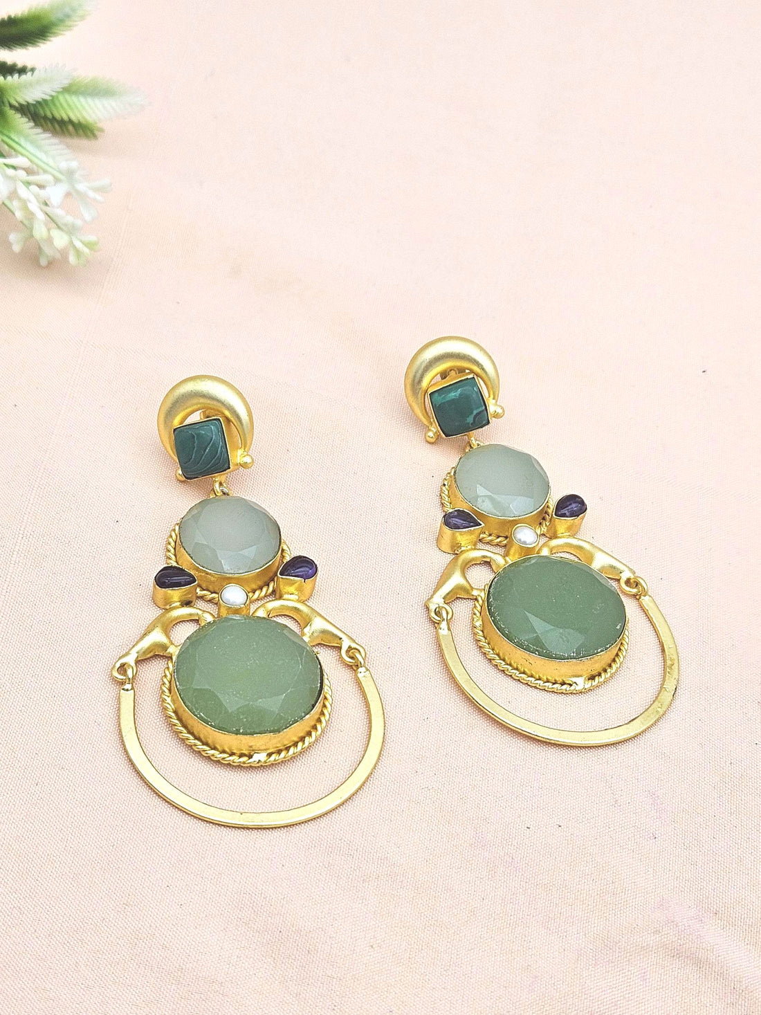Gorgeous Gold plated Malachite-Aqua-Chalcedony-Amethyst-Pearl Dangle Drop Earrings