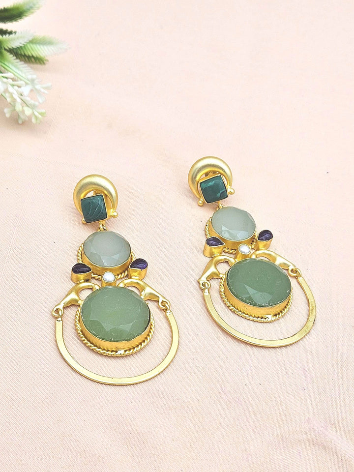 Gorgeous Gold plated Malachite-Aqua-Chalcedony-Amethyst-Pearl Dangle Drop Earrings