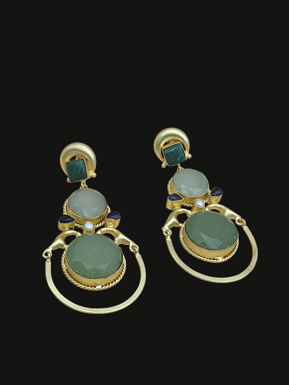 Gorgeous Gold plated Malachite-Aqua-Chalcedony-Amethyst-Pearl Dangle Drop Earrings