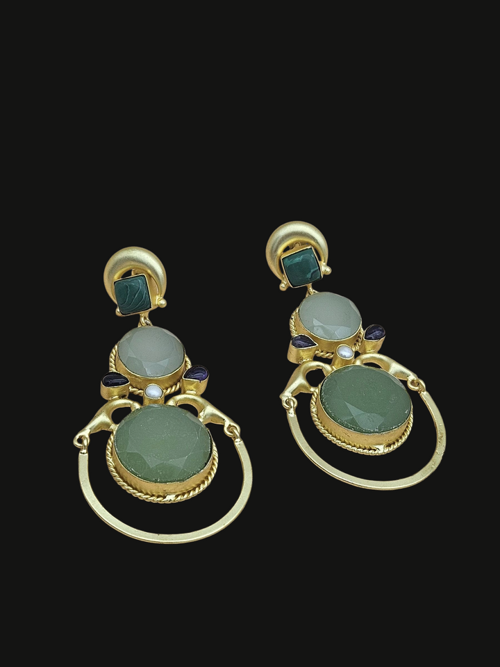 Gorgeous Gold plated Malachite-Aqua-Chalcedony-Amethyst-Pearl Dangle Drop Earrings