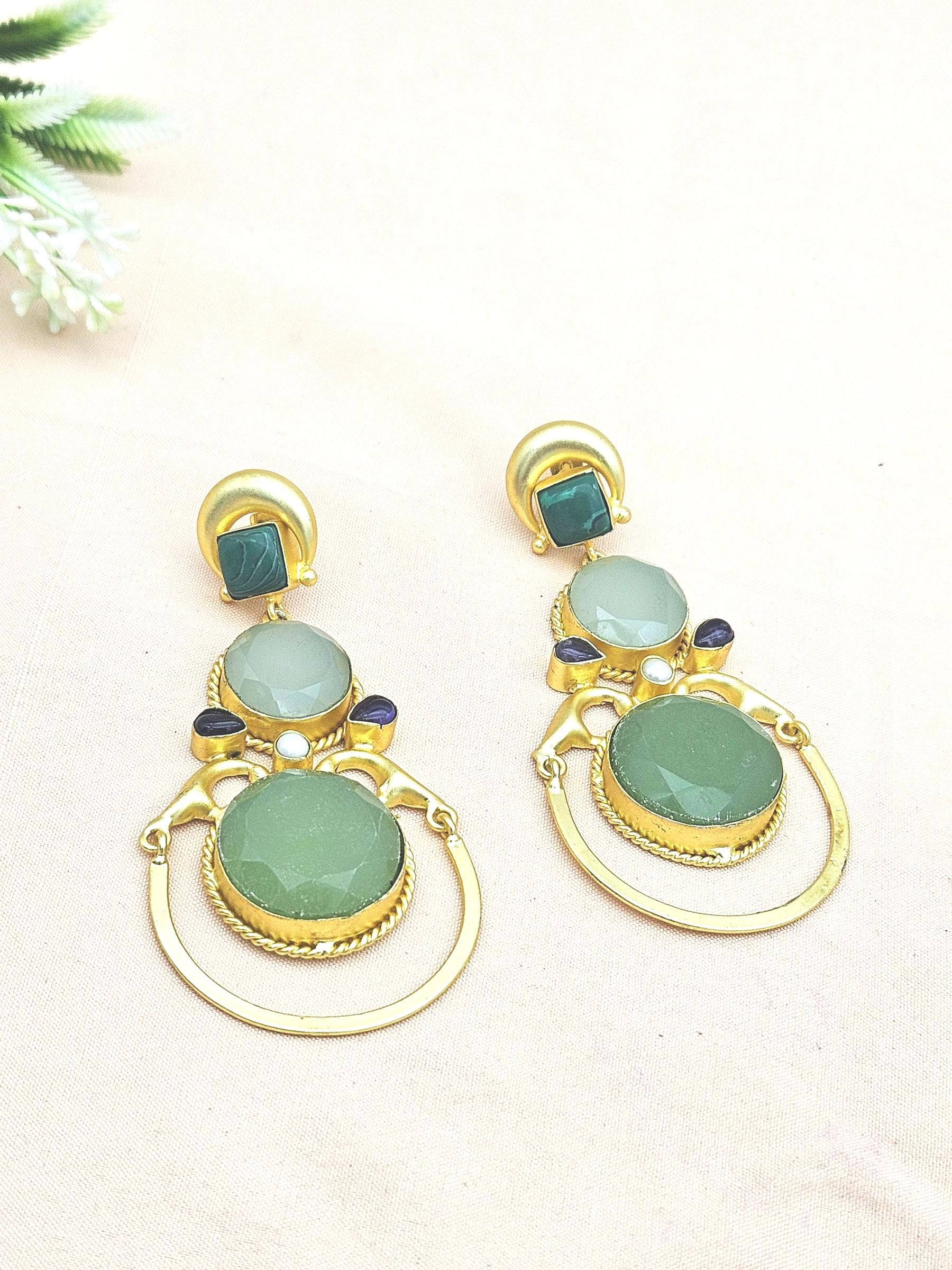 Gorgeous Gold plated Malachite-Aqua-Chalcedony-Amethyst-Pearl Dangle Drop Earrings