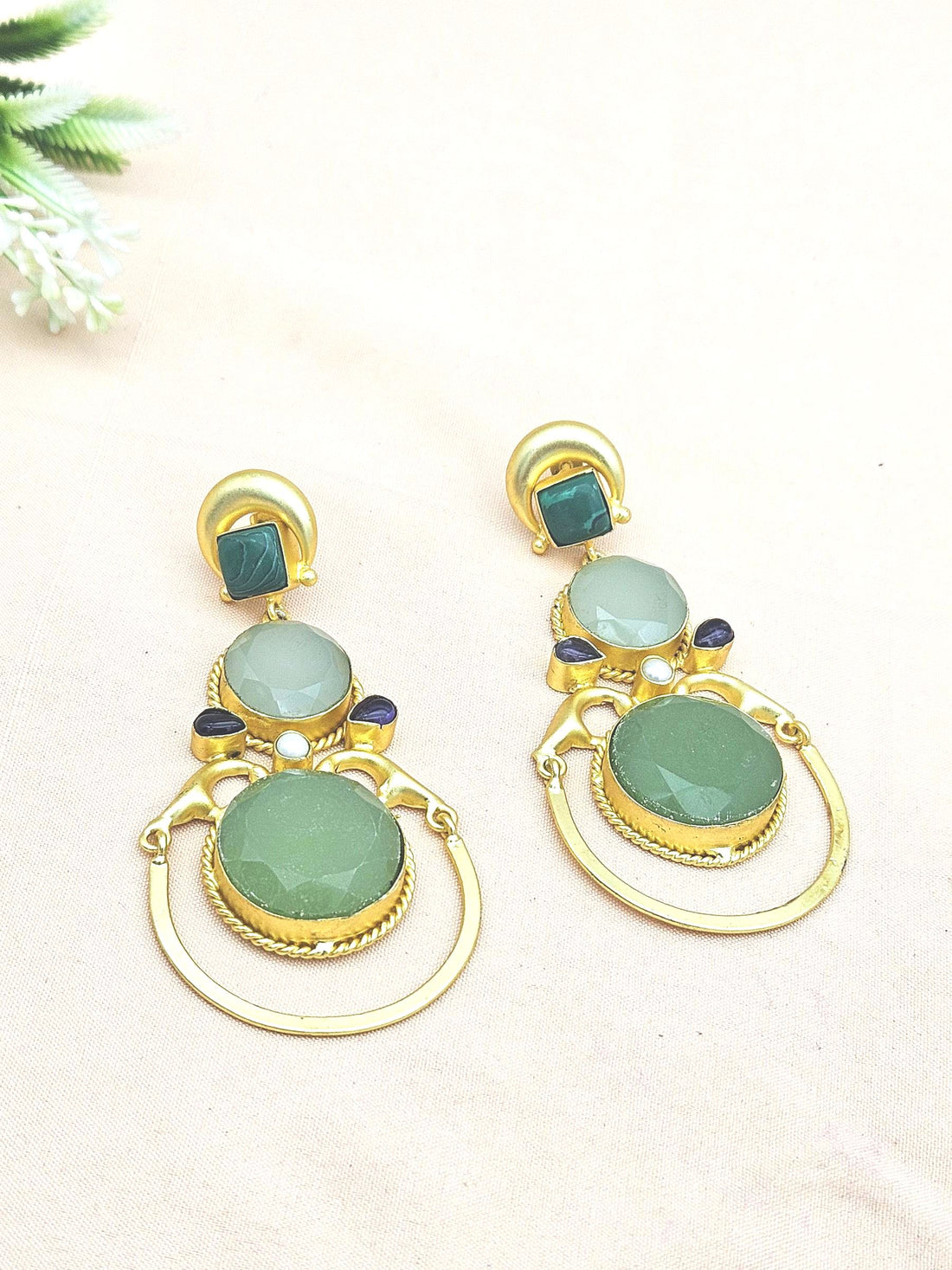 Gorgeous Gold plated Malachite-Aqua-Chalcedony-Amethyst-Pearl Dangle Drop Earrings