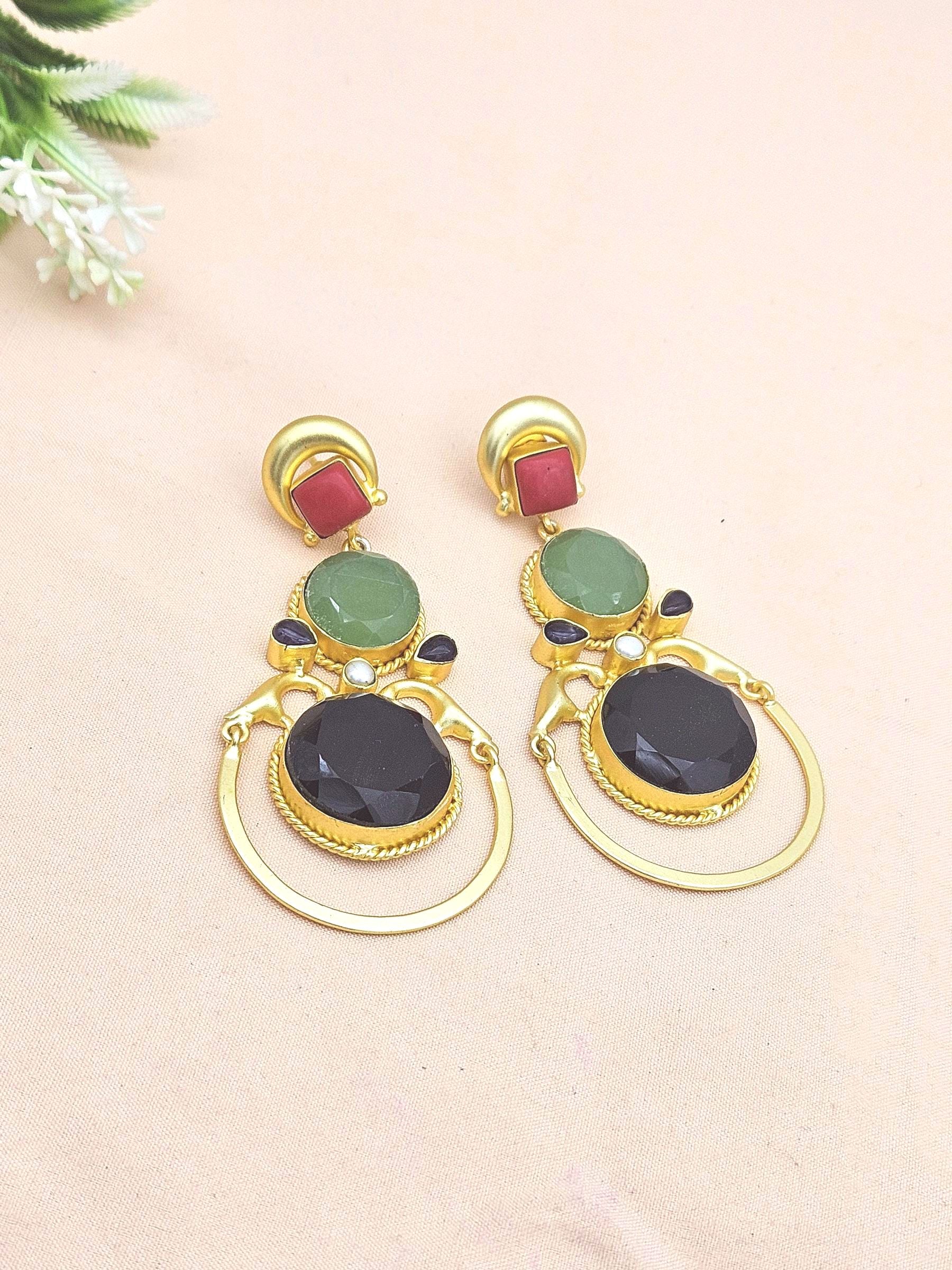 Gorgeous Gold plated Coral-Chalcedony-Black Onyx-Amethyst-Pearl Dangle Drop Earrings