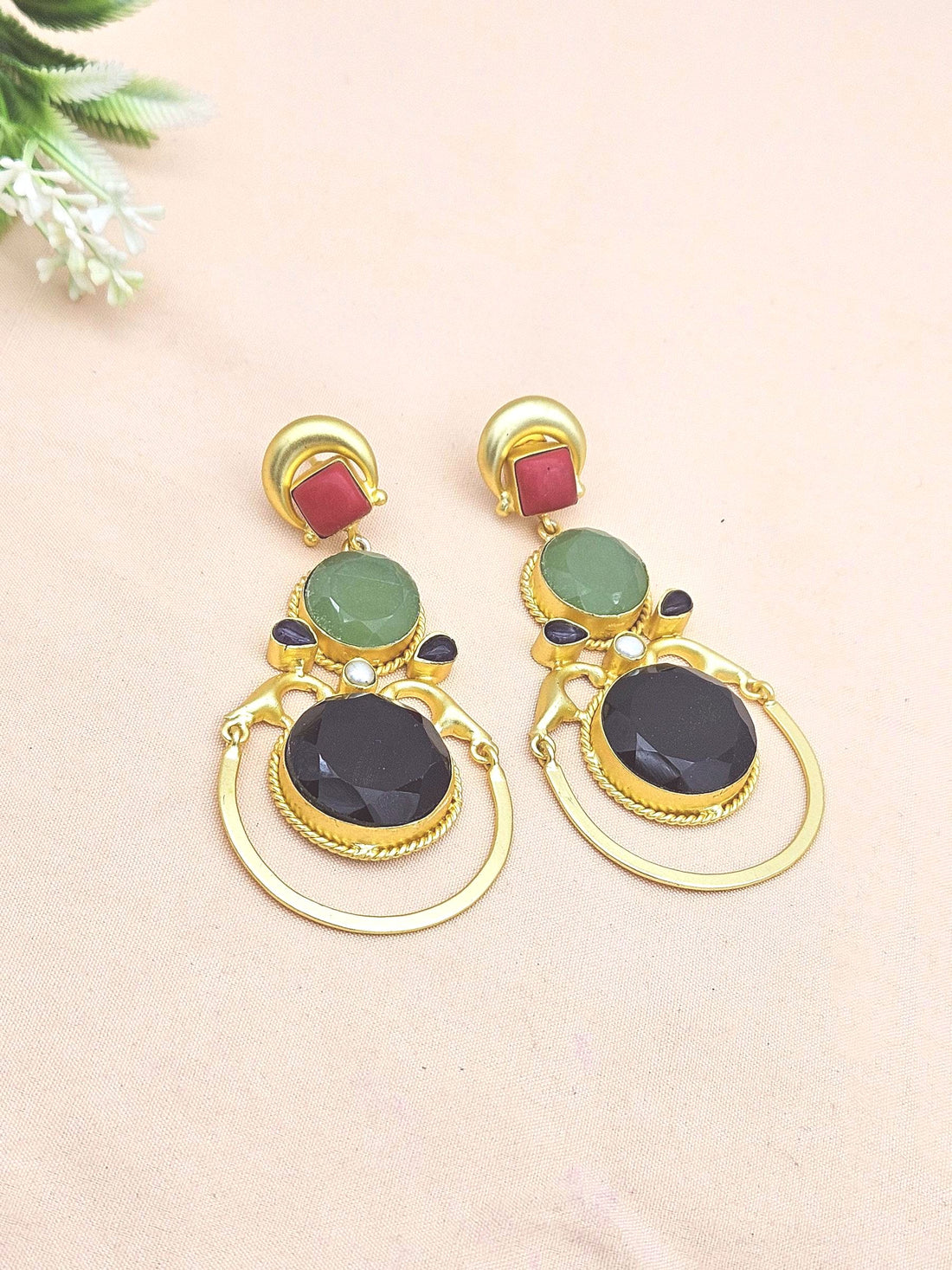 Gorgeous Gold plated Coral-Chalcedony-Black Onyx-Amethyst-Pearl Dangle Drop Earrings