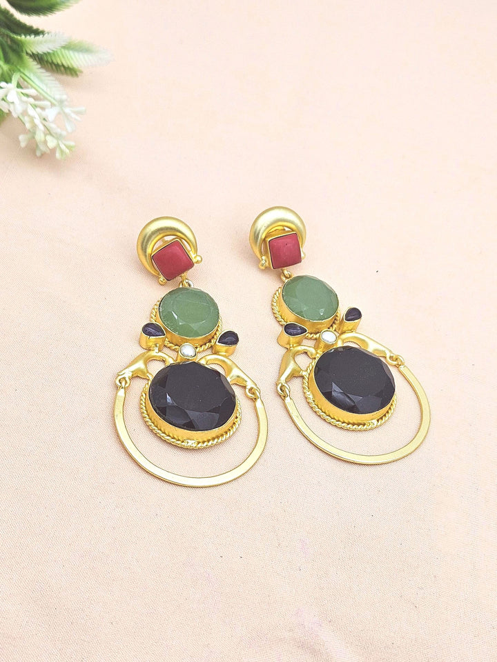 Gorgeous Gold plated Coral-Chalcedony-Black Onyx-Amethyst-Pearl Dangle Drop Earrings