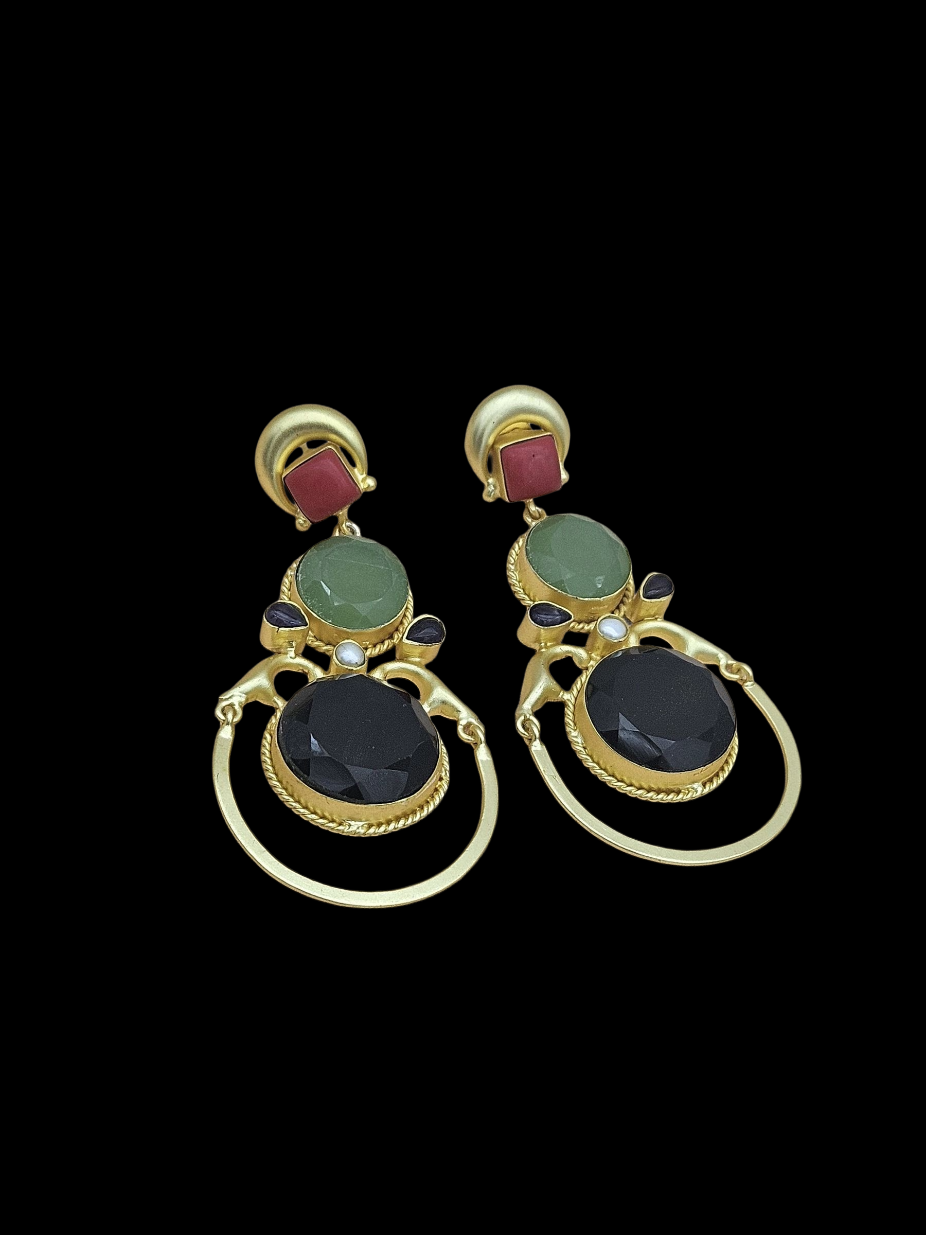 Gorgeous Gold plated Coral-Chalcedony-Black Onyx-Amethyst-Pearl Dangle Drop Earrings