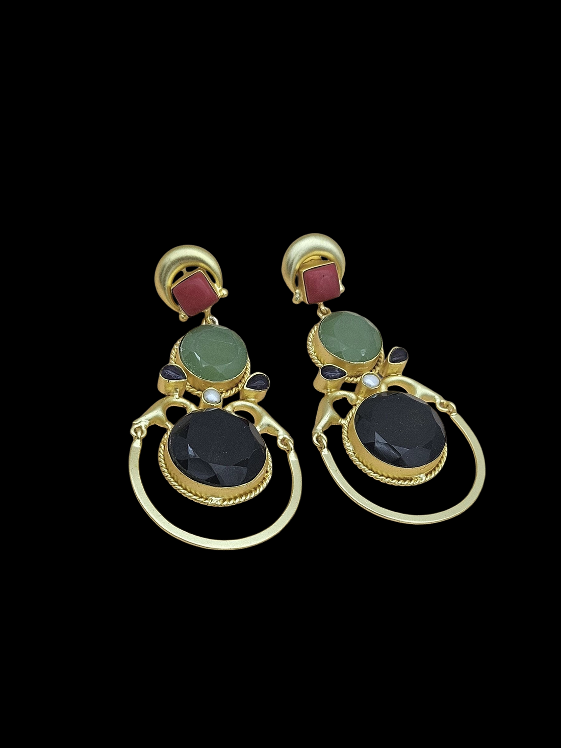 Gorgeous Gold plated Coral-Chalcedony-Black Onyx-Amethyst-Pearl Dangle Drop Earrings