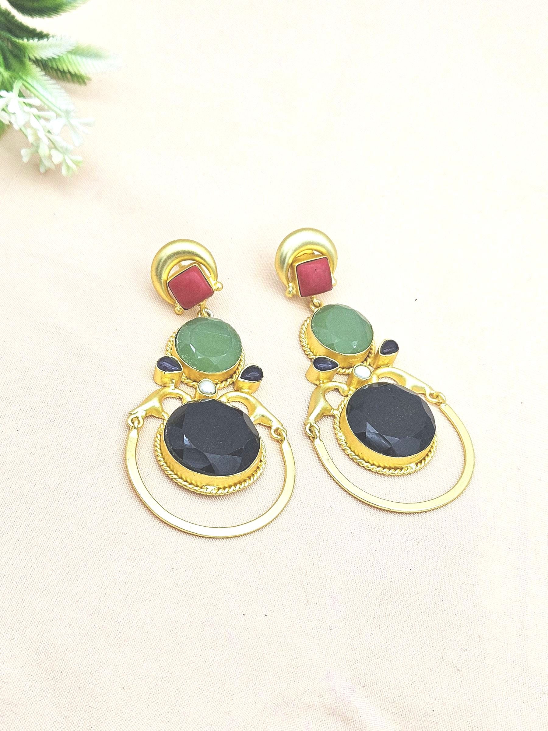 Gorgeous Gold plated Coral-Chalcedony-Black Onyx-Amethyst-Pearl Dangle Drop Earrings