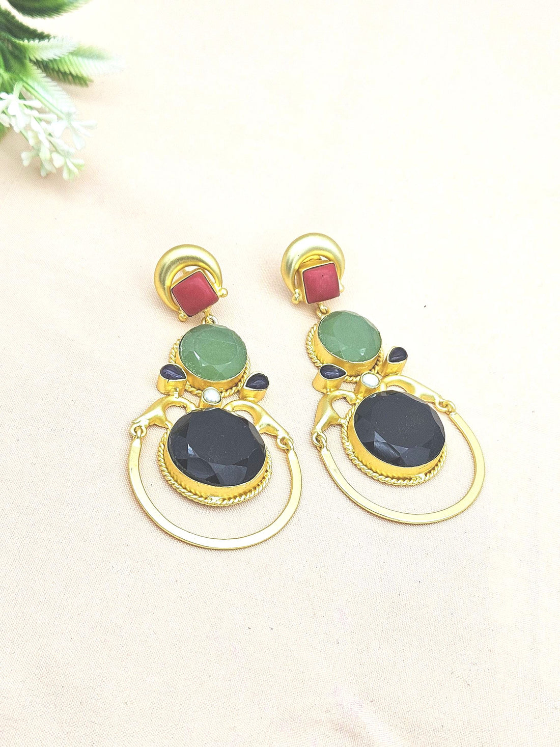 Gorgeous Gold plated Coral-Chalcedony-Black Onyx-Amethyst-Pearl Dangle Drop Earrings
